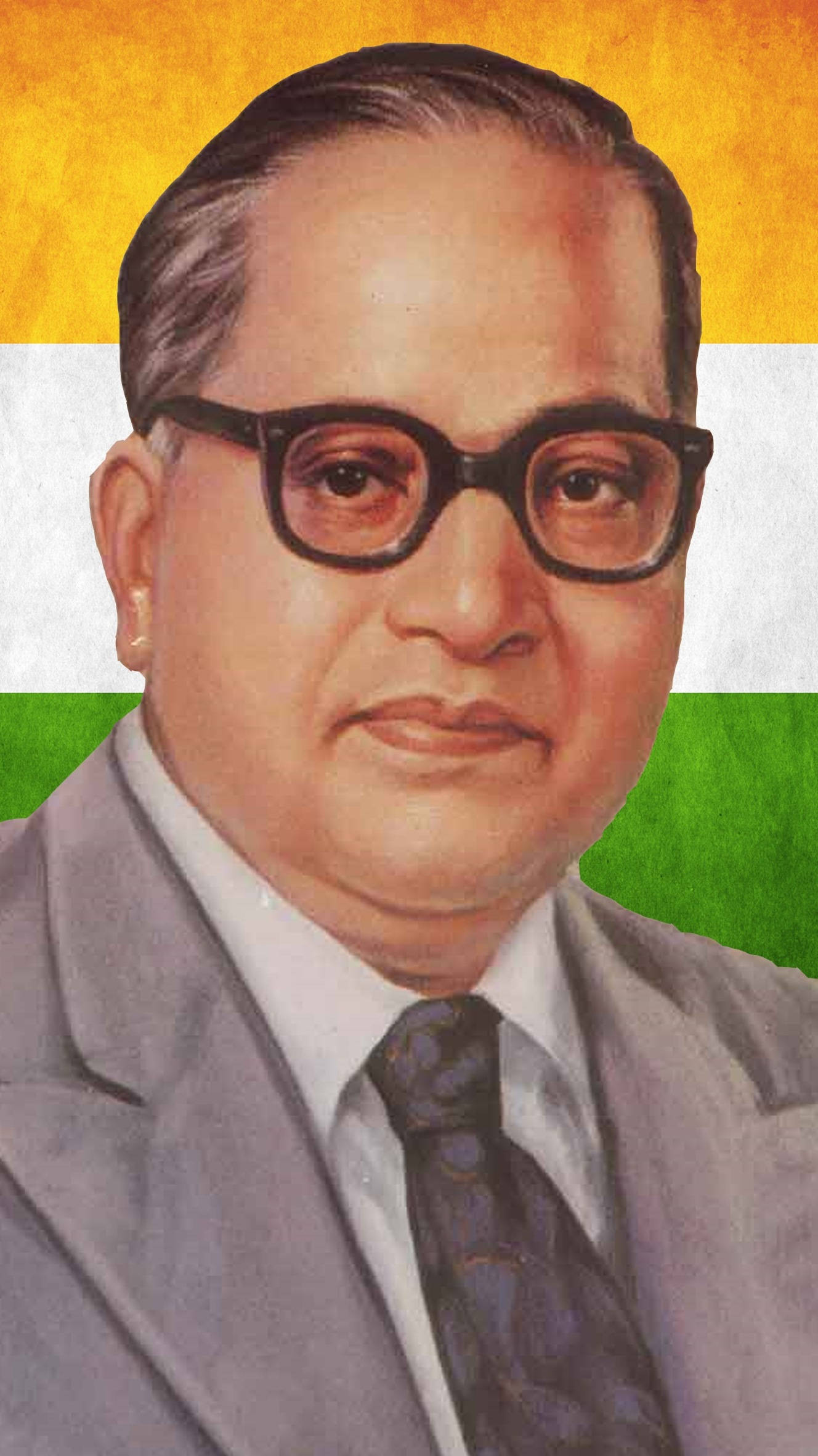 Ambedkar 桌布 壁紙 — 戴眼鏡和西裝的男子在印度三色旗背景前的肖像。