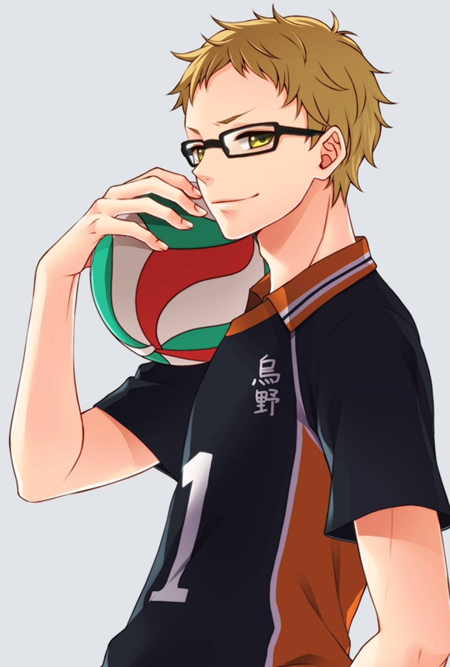 kei tsukishima 桌布 壁紙 — 戴眼鏡的動畫男孩在純色背景下穿著隊服將排球托在下巴下方。