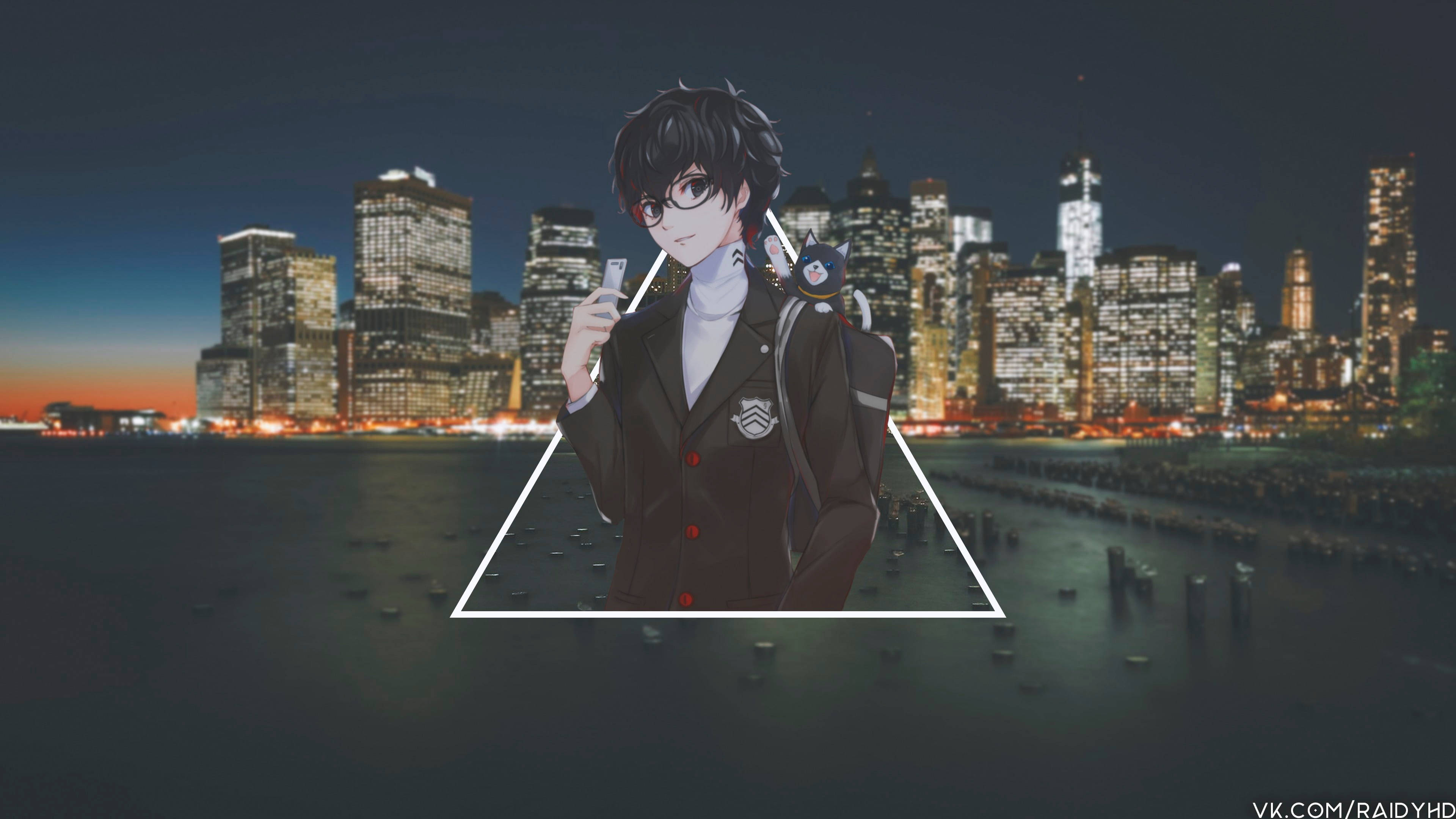 動漫 桌布 壁紙 — 戴眼鏡的動畫男孩穿著校服站在白色三角形中，背景是暮色中發光的城市天際線。