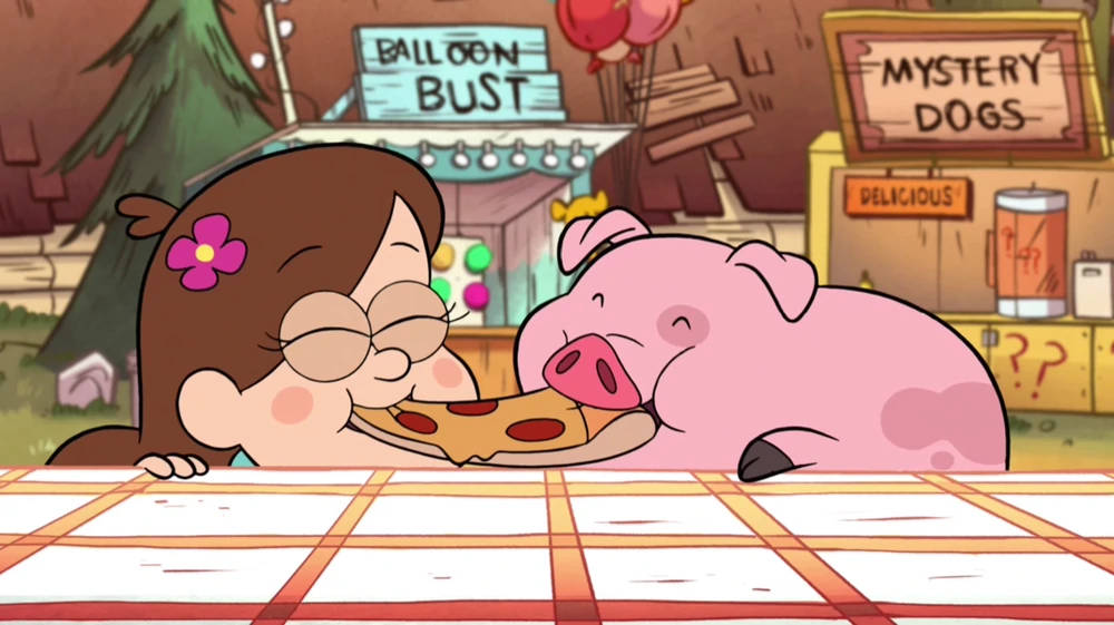 waddles 桌布 壁紙 — 戴眼鏡的卡通女孩在戶外小攤的格子桌上與粉紅豬分享一片披薩。