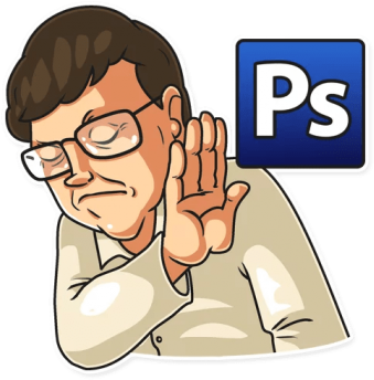比爾蓋茲 桌布 壁紙 — 戴眼鏡的卡通男子在Adobe Photoshop標誌旁捂住耳朵。