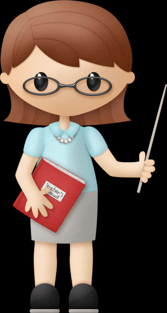 Teacher Clipart 桌布 壁紙 — 戴眼鏡的卡通老師在黑色背景前拿著紅色教師手冊和教鞭。