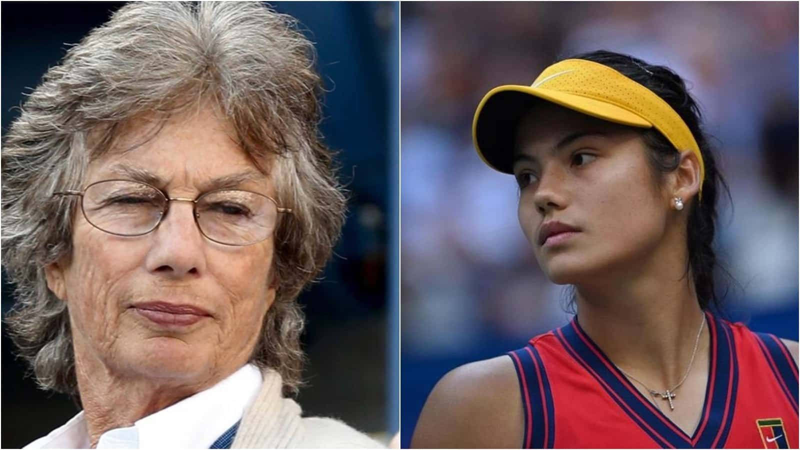 Tennis 桌布 壁紙 — 戴眼鏡的年長女性與戴黃色遮陽帽、穿紅色網球服的年輕女性的分割肖像。