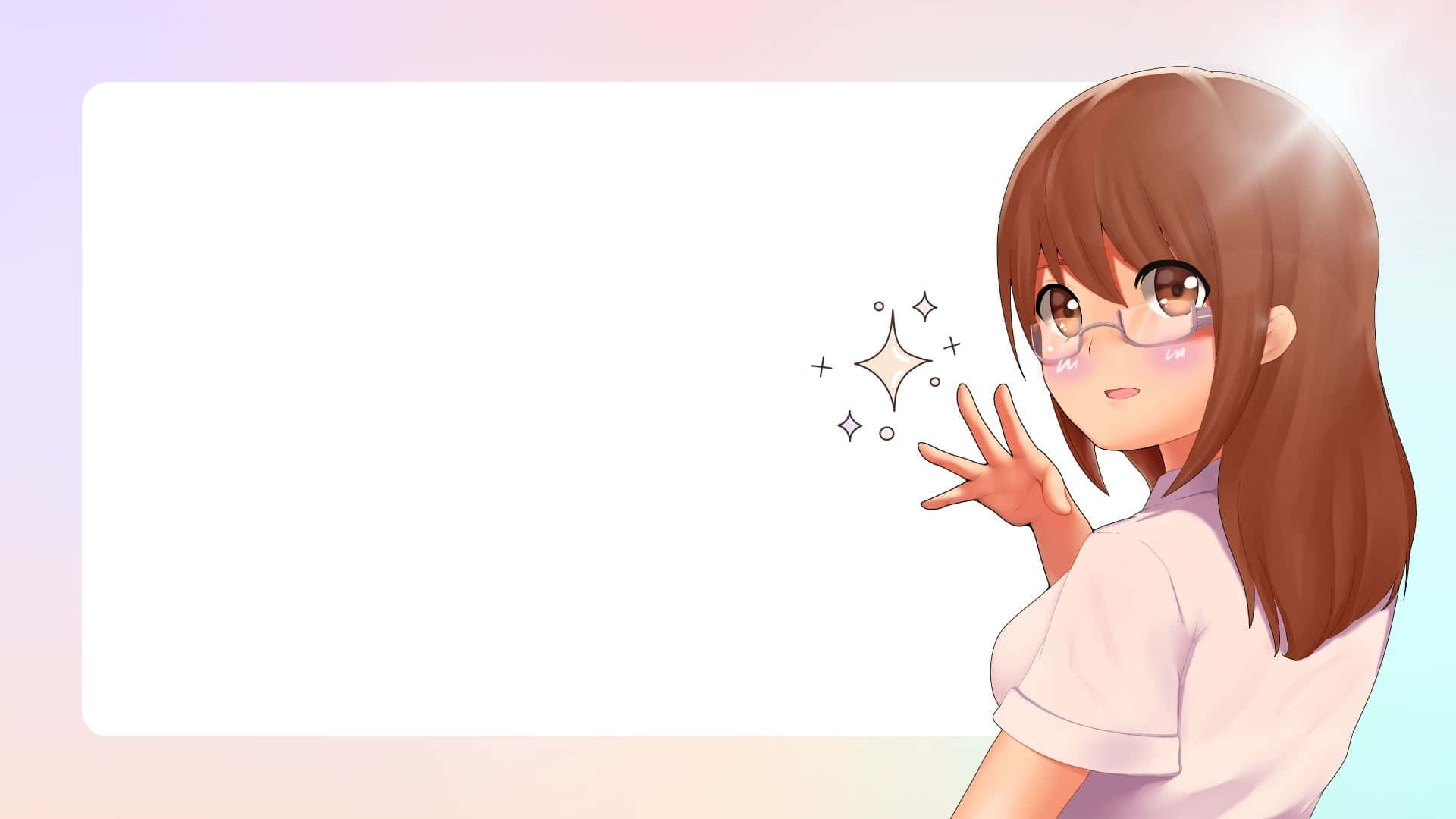 女孩 桌布 壁紙 — 戴眼鏡的棕色頭髮動漫女孩在柔和的漸變背景上愉快地揮手。