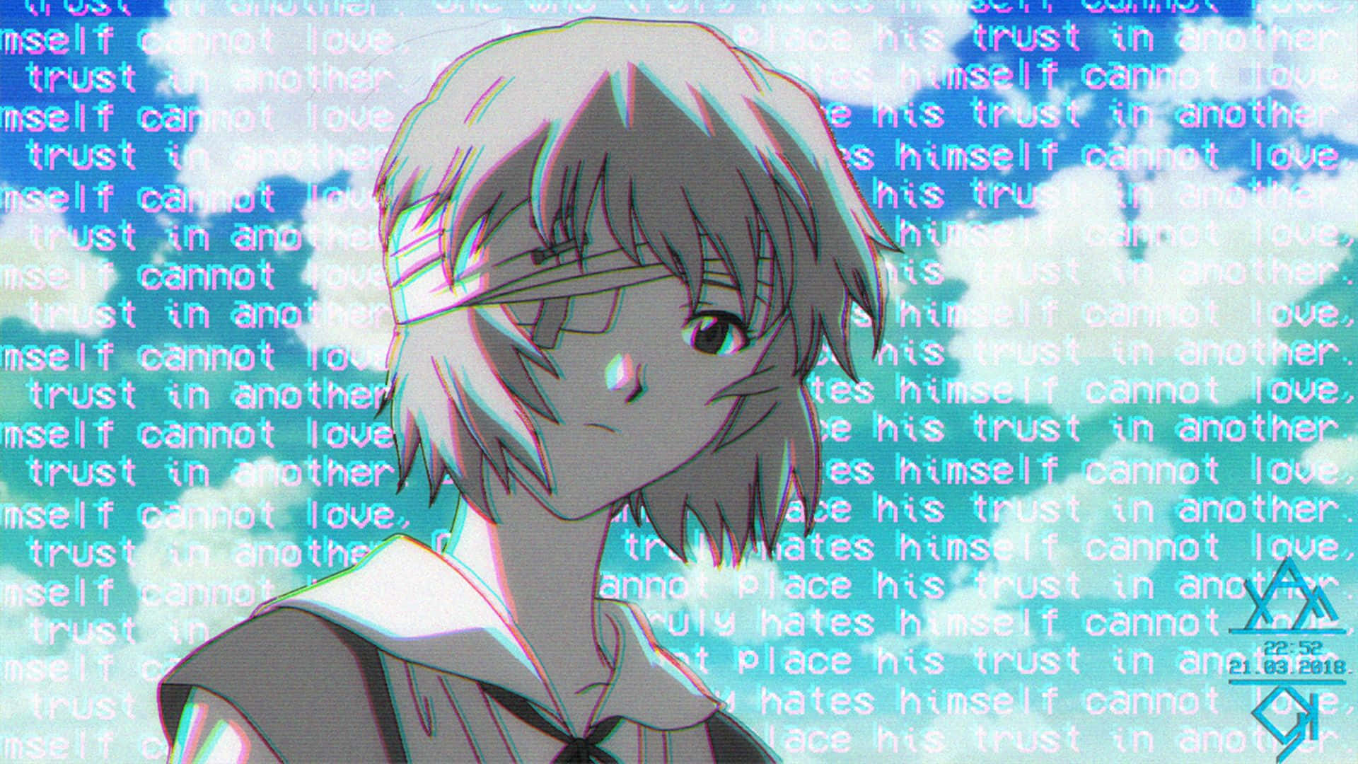 rei ayanami 桌布 壁紙 — 戴眼鏡短髮的動畫女孩，在充滿重複文字的故障藍色天空背景下嚴肅凝視。