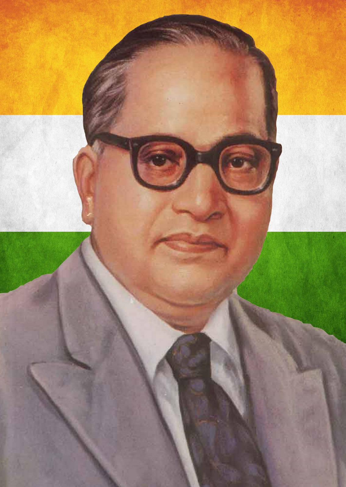 Dr Babasaheb Ambedkar 桌布 壁紙 — 戴眼鏡西裝男士的肖像，背景為印度國旗的藏紅花、白色和綠色條紋。