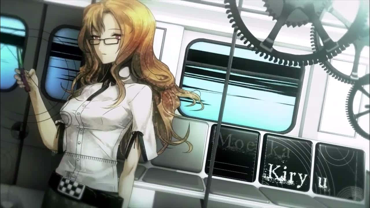 Moeka Kiryu 桌布 壁紙 — 戴眼鏡長髮的動漫女孩站在一個帶有大型齒輪和發光窗戶的未來主義火車車廂內。