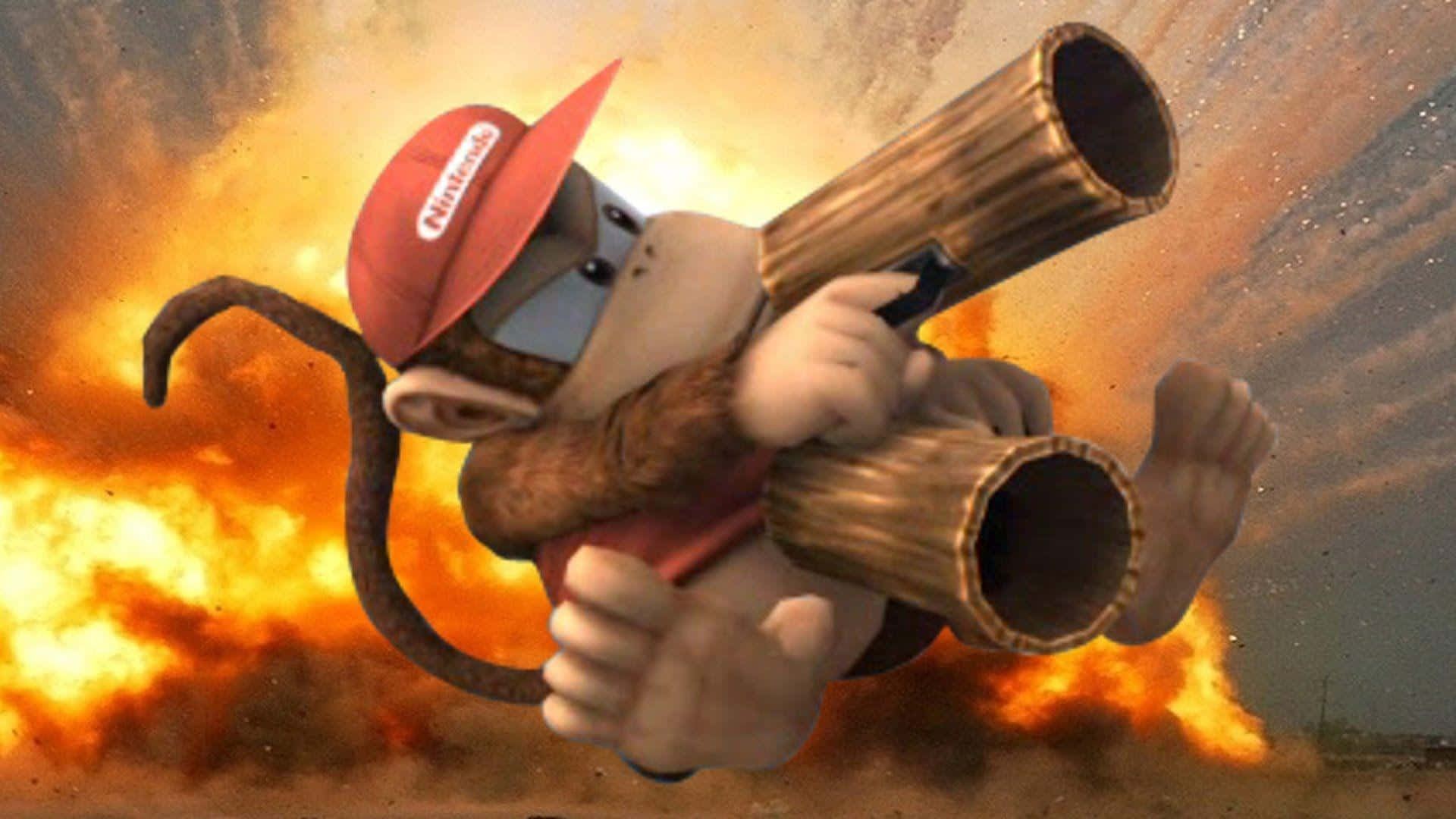 Diddy Kong 桌布 壁紙 — 戴紅帽的Donkey Kong在火焰爆炸背景下揮舞木桶。