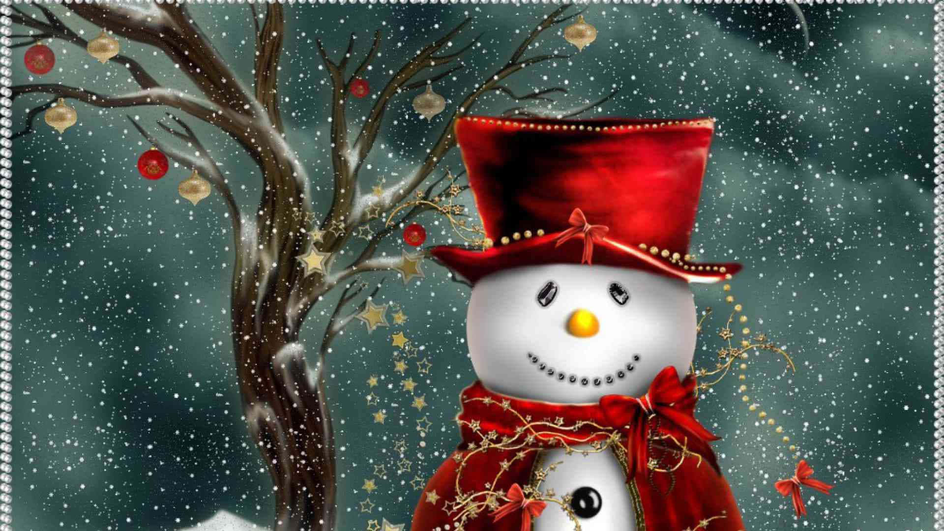 戴紅帽與紅圍巾的雪人 壁紙