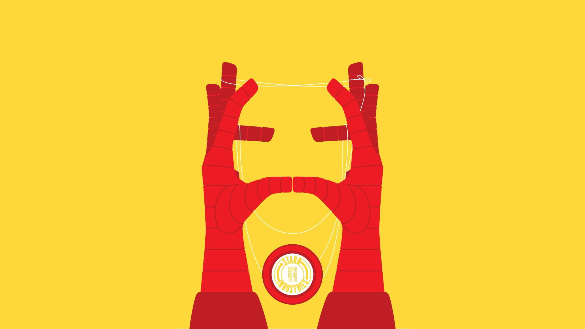 Iron Man Logo 桌布 壁紙 — 戴紅色手套的手在純黃色背景上形成鋼鐵人頭盔的輪廓，背景還有個圓形標誌。