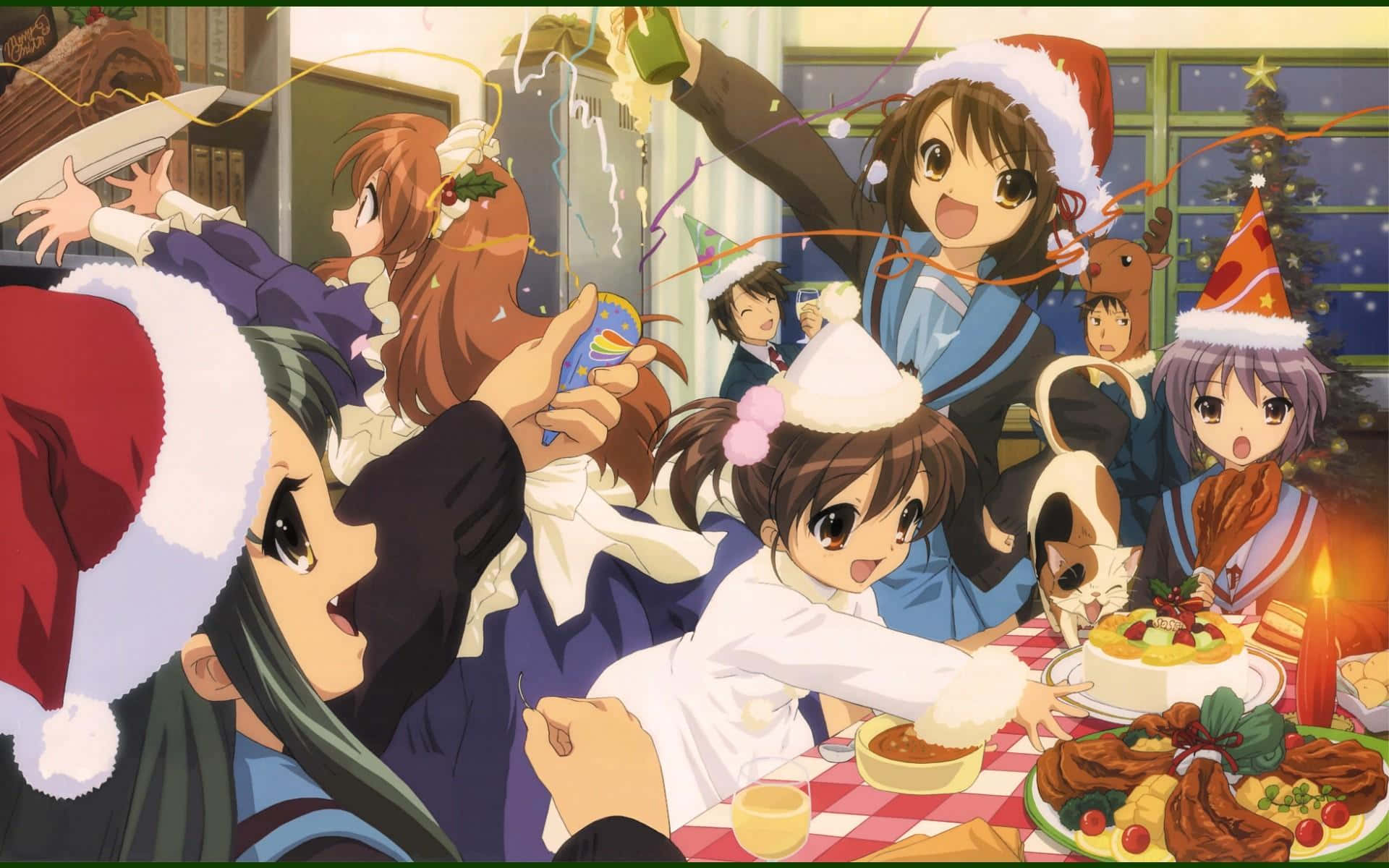 The Melancholy Of Haruhi Suzumiya 桌布 壁紙 — 戴聖誕帽的動漫女孩圍著擺有蛋糕和裝飾品的節日餐桌慶祝聖誕節。