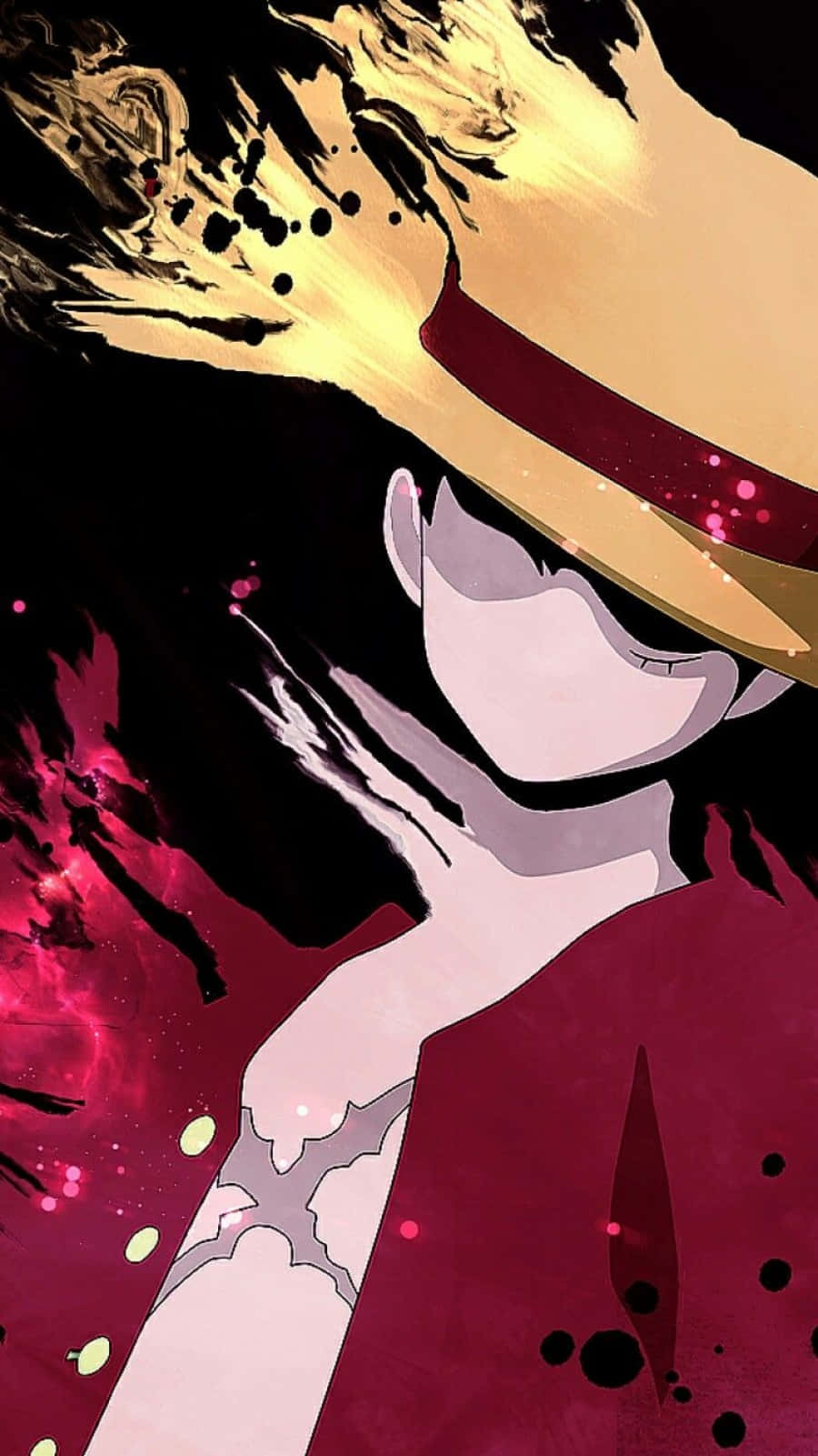 one piece art 桌布 壁紙 — 戴草帽和紅色外套的動漫角色站在黑暗背景前，帶有火熱的金色和粉紅色潑濺。