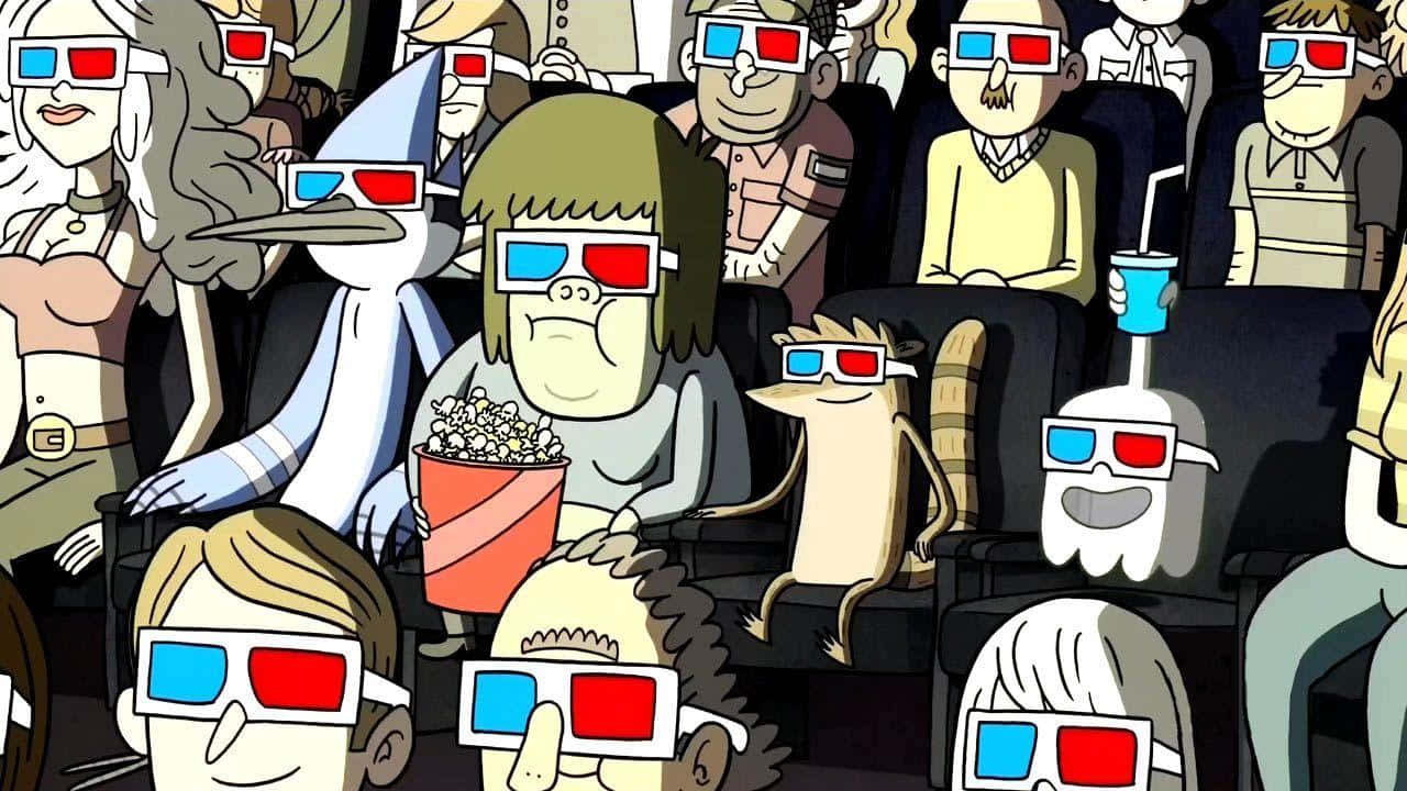 Regular Show 桌布 壁紙 — 戴著3D眼鏡的卡通人物在擁擠的電影院裡吃爆米花看電影。
