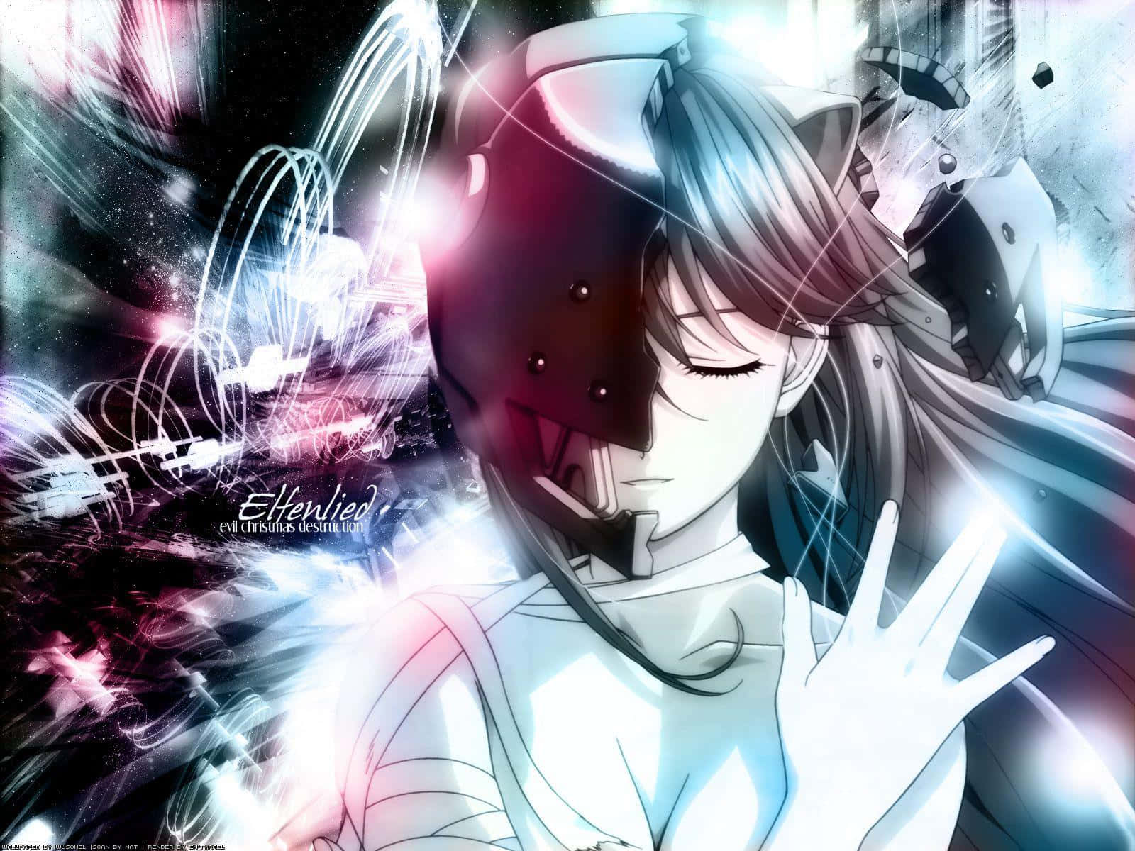 Elfen Lied 桌布 壁紙 — 戴著半面具、在宇宙背景中帶有發光能量漩渦的動漫女孩。