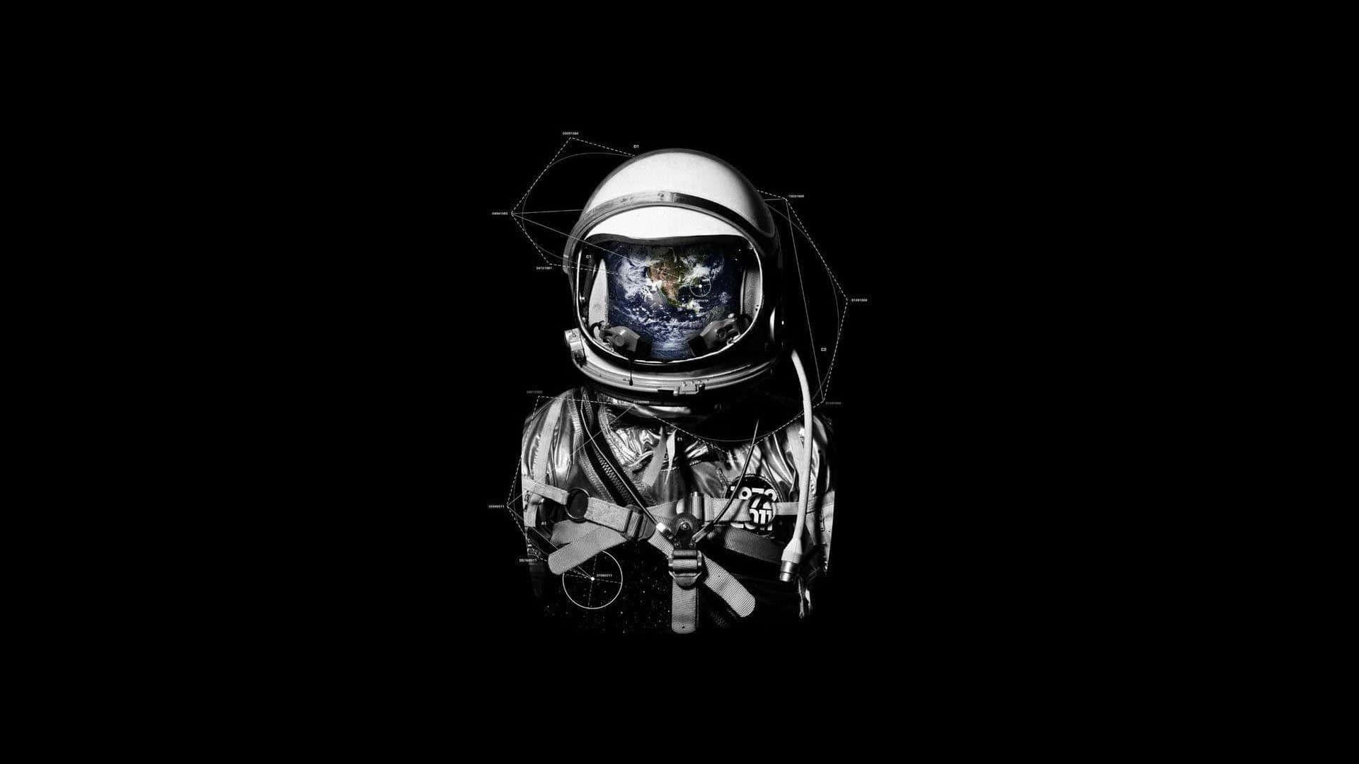 Amazing Astronaut 桌布 壁紙 — 戴著反光頭盔的太空人在黑色虛空中凝視地球，帶有幾何線框疊加。