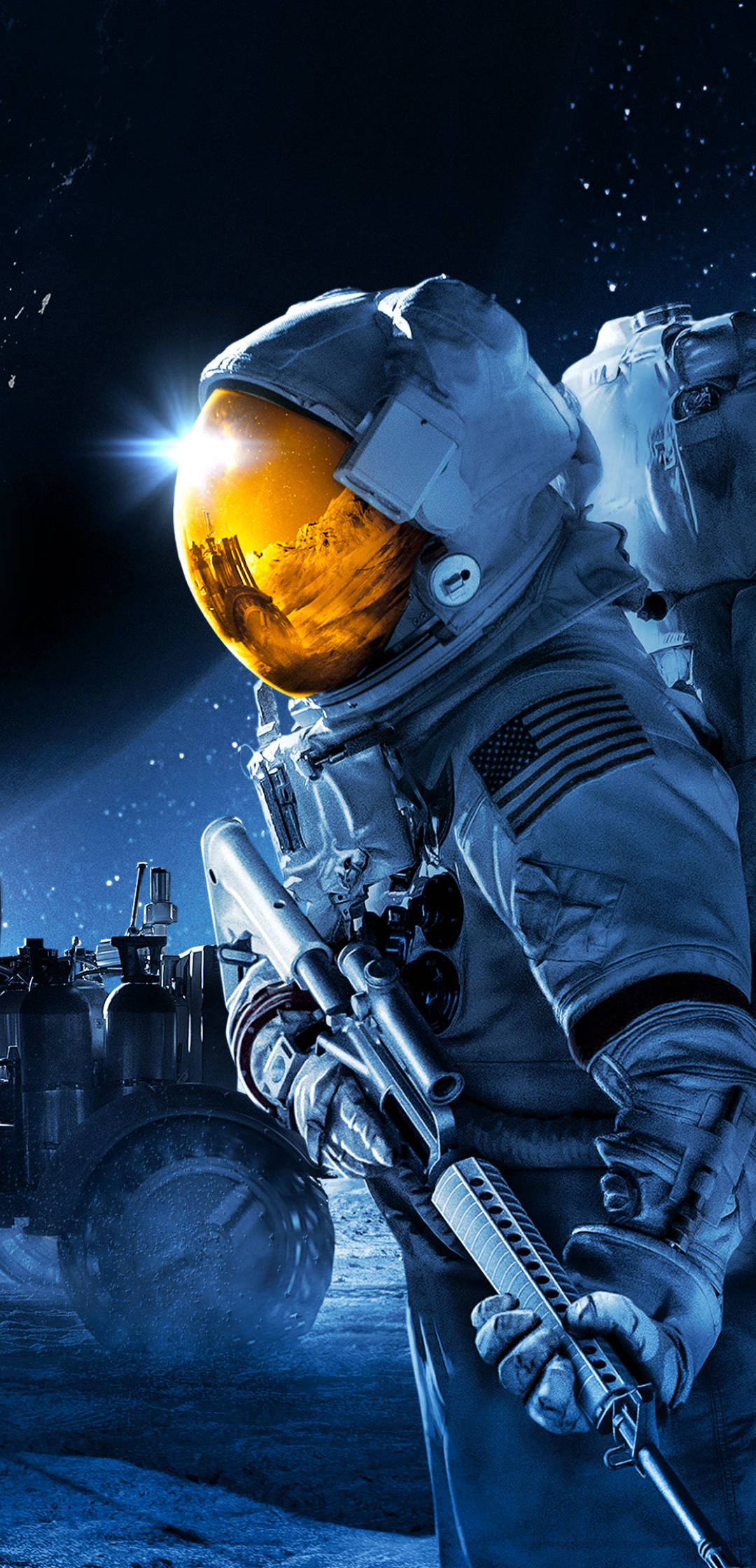 全人類 桌布 壁紙 — 戴著反光頭盔的太空人站在外星行星上，手持步槍，背景有星空和探測車。