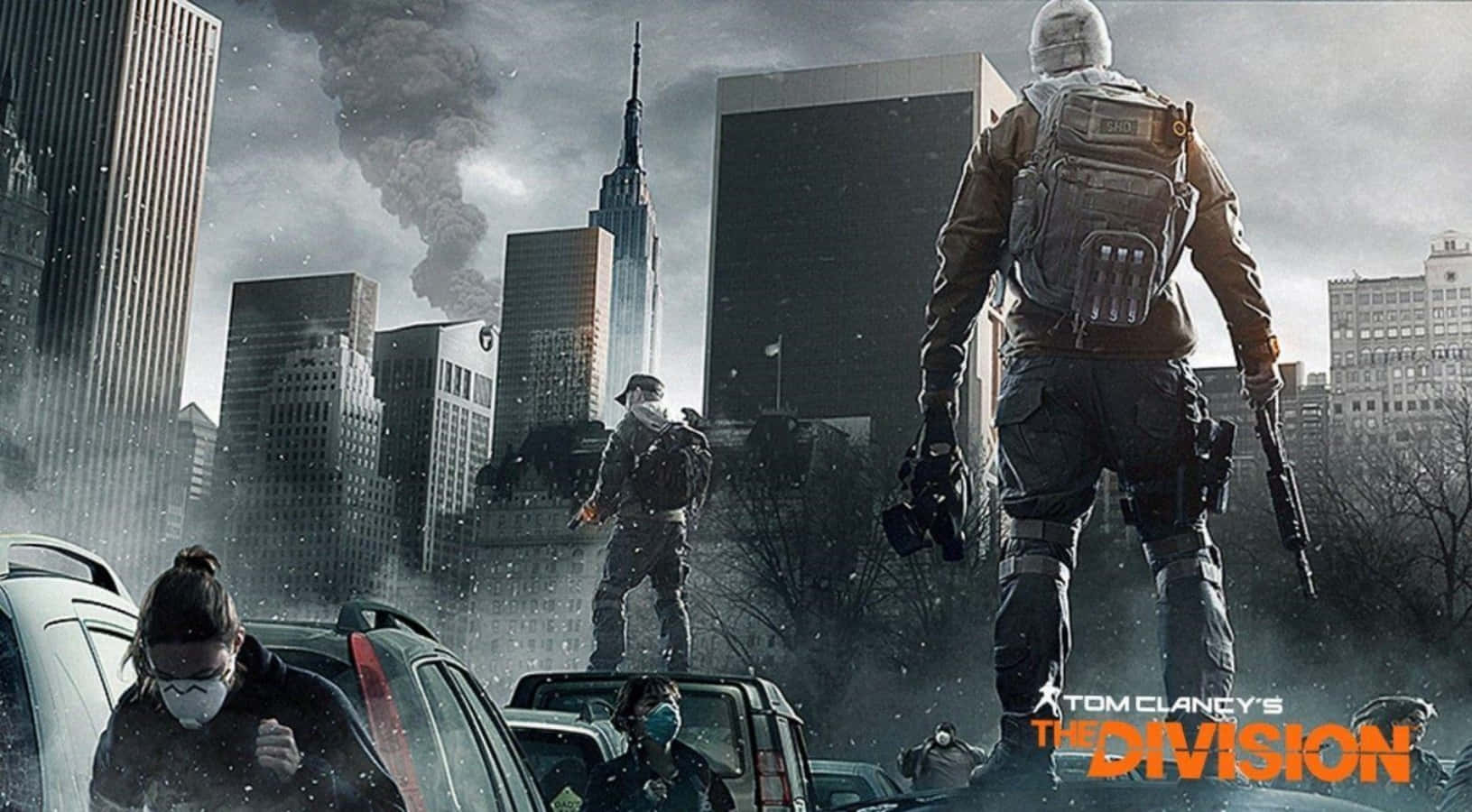 The Division Desktop 桌布 壁紙 — 戴著口罩的末日後倖存者在積雪覆蓋的廢墟城市景觀中穿行，高樓大廈和煙霧彌漫。