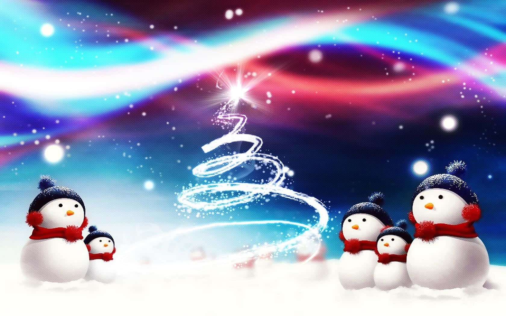 戴著圍巾的雪人聚集在發光的聖誕樹下，星空璀璨。 — 雪人 壁紙