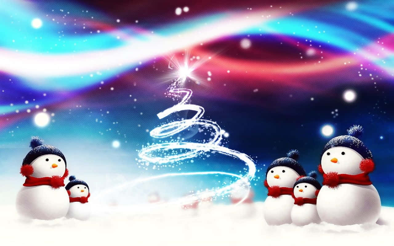 Christmas Snowman 桌布 壁紙 — 戴著圍巾的雪人聚集在發光的螺旋聖誕樹周圍，背景是充滿活力的宇宙天空。
