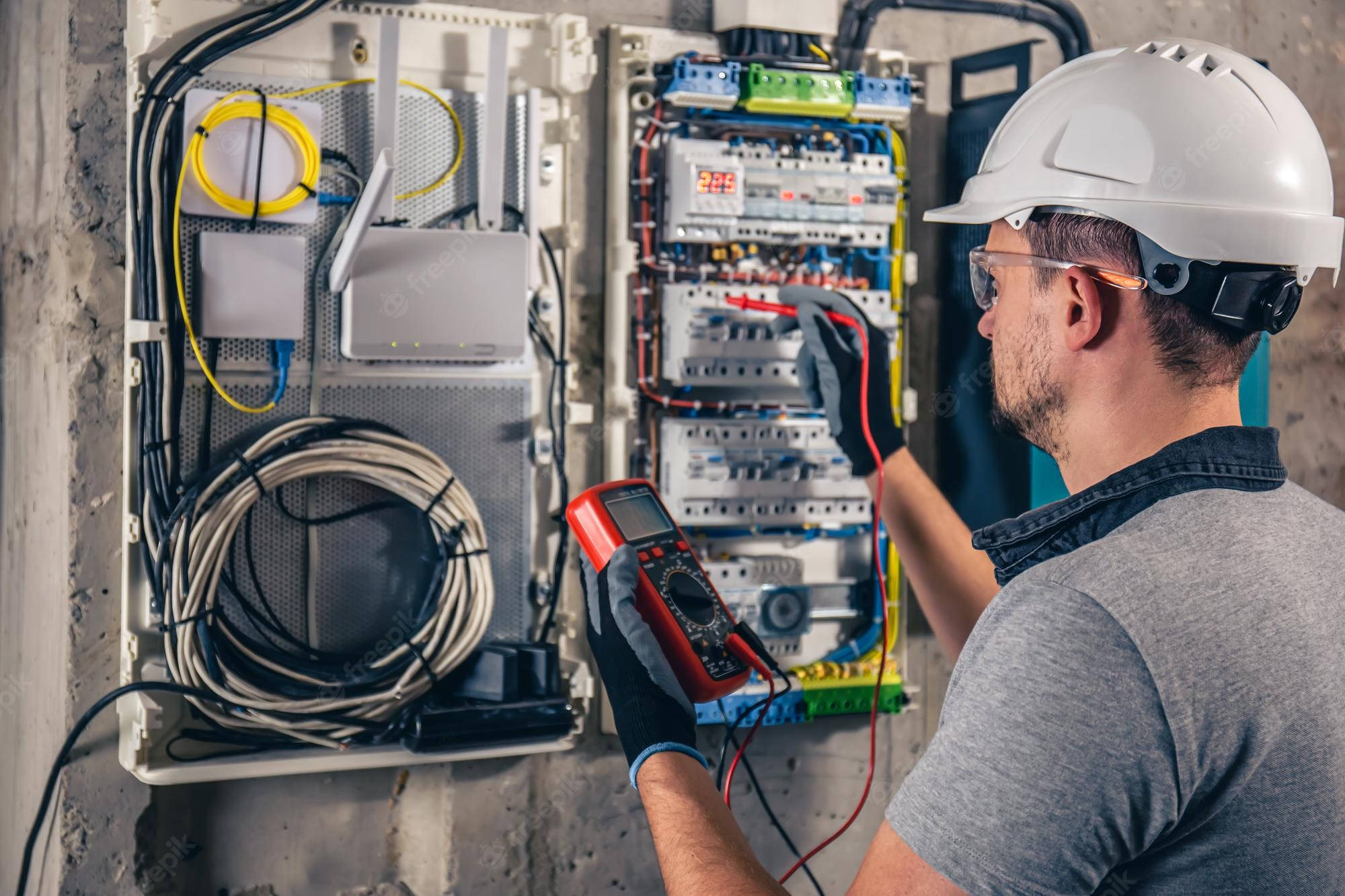 professional 桌布 壁紙 — 戴著安全帽和手套的電工用萬用表測試打開的電箱中的接線。