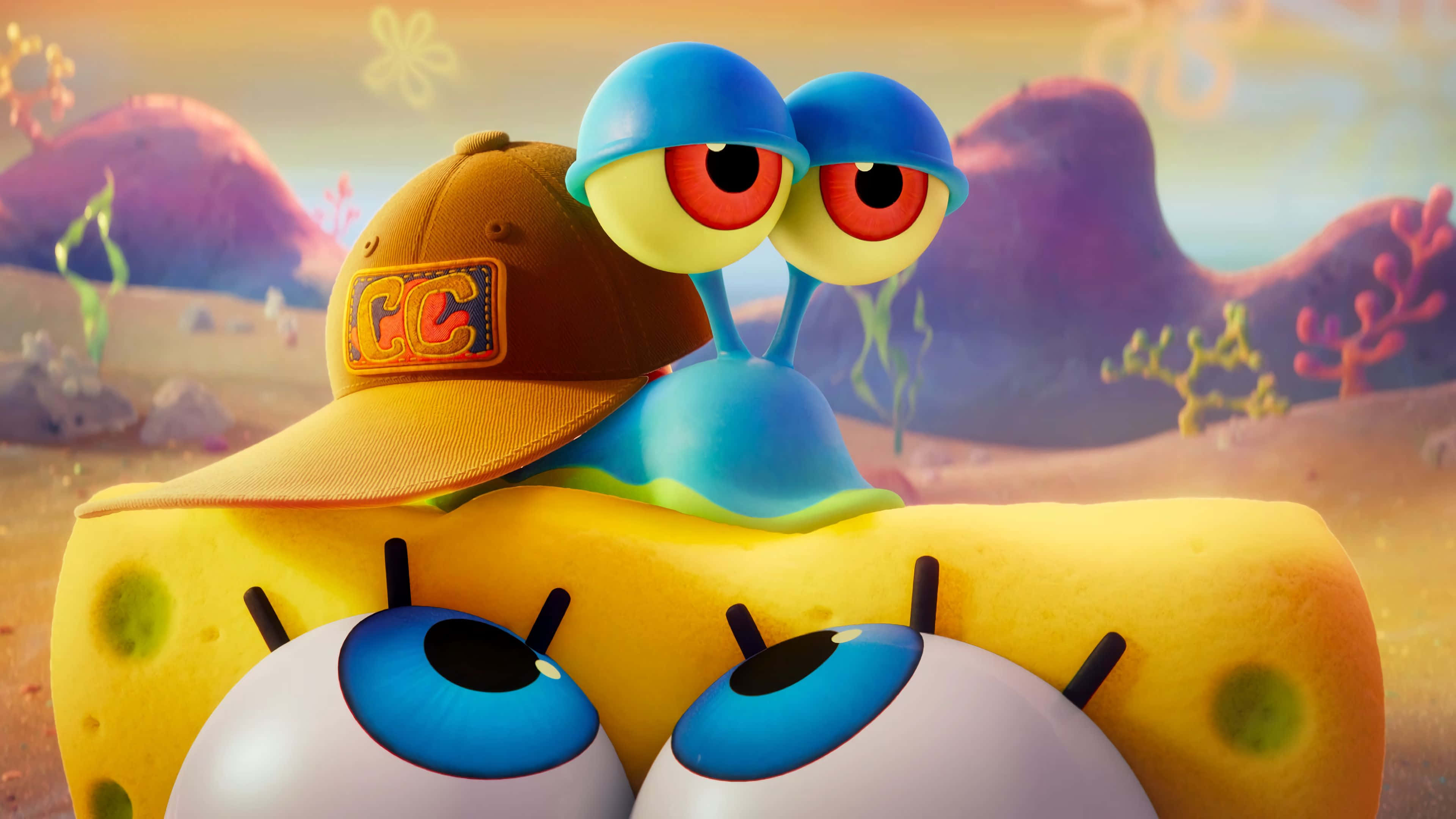 Gary The Snail 桌布 壁紙 — 戴著帽子的Squidward坐在海綿寶寶的頭上，背景是充滿活力的海底場景，有珊瑚和小山。