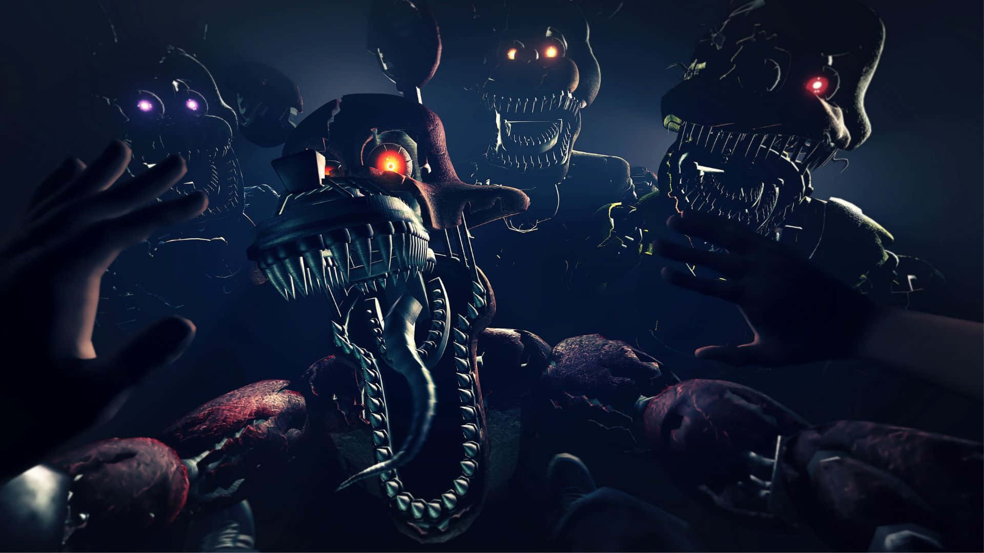 Scary Fnaf 桌布 壁紙 — 戴著手套的手伸向在黑暗詭異環境中、擁有發光紅眼的威脅性電子動畫怪物。