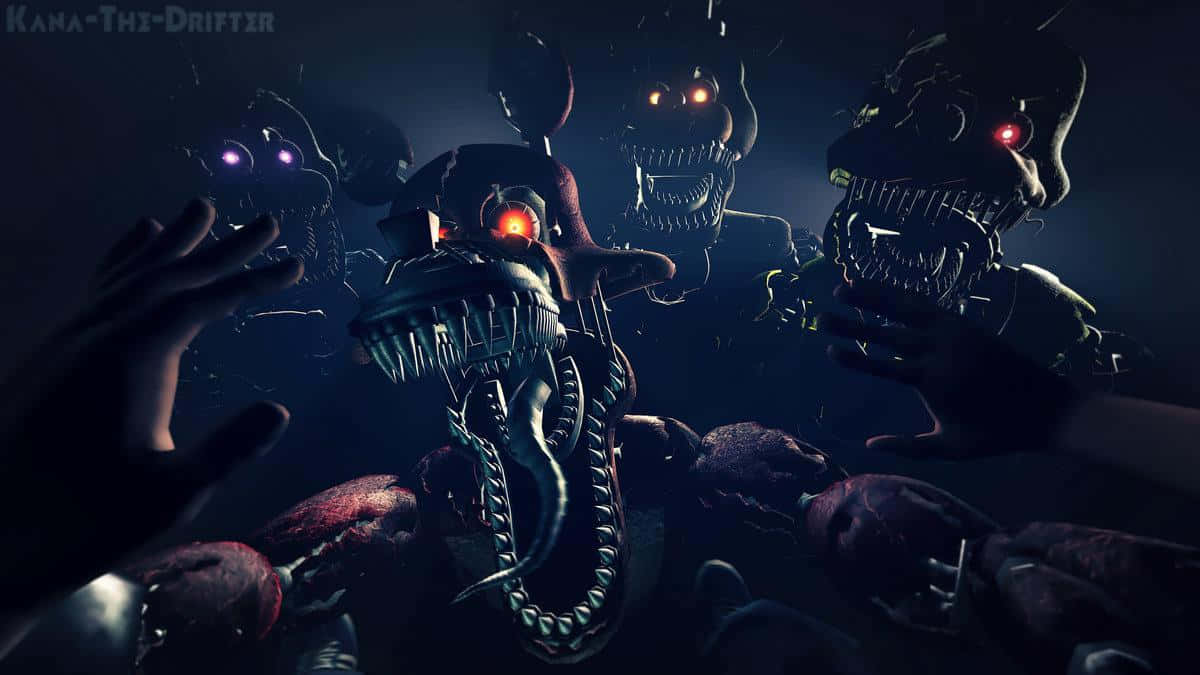 William Afton 桌布 壁紙 — 戴著手套的手伸向在黑暗詭異環境中發光眼睛的威脅性電子動畫怪物。