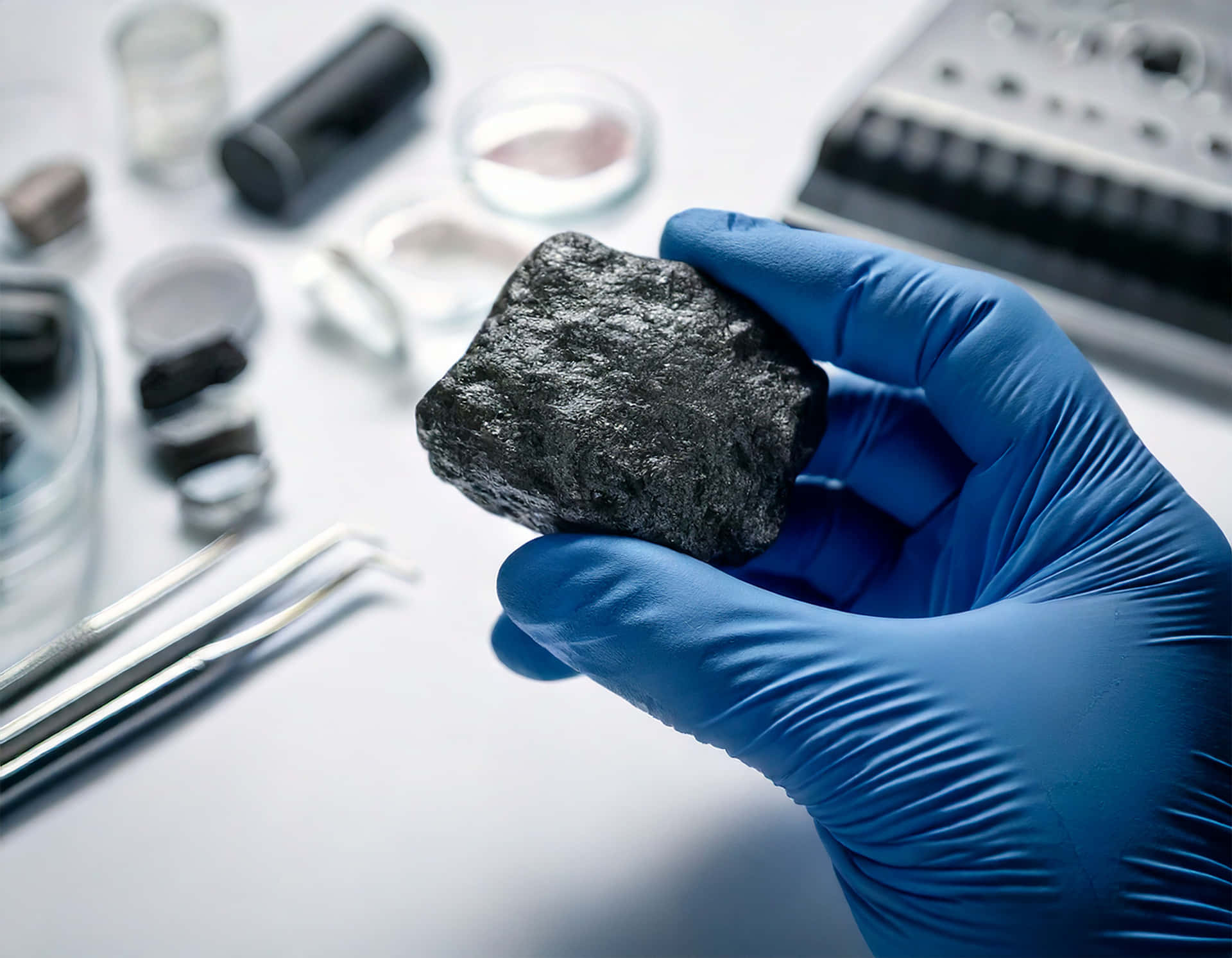 Ore sample 壁紙 — 戴著手套的手在實驗桌上拿著粗糙的黑色岩石樣本，桌上有工具和容器。