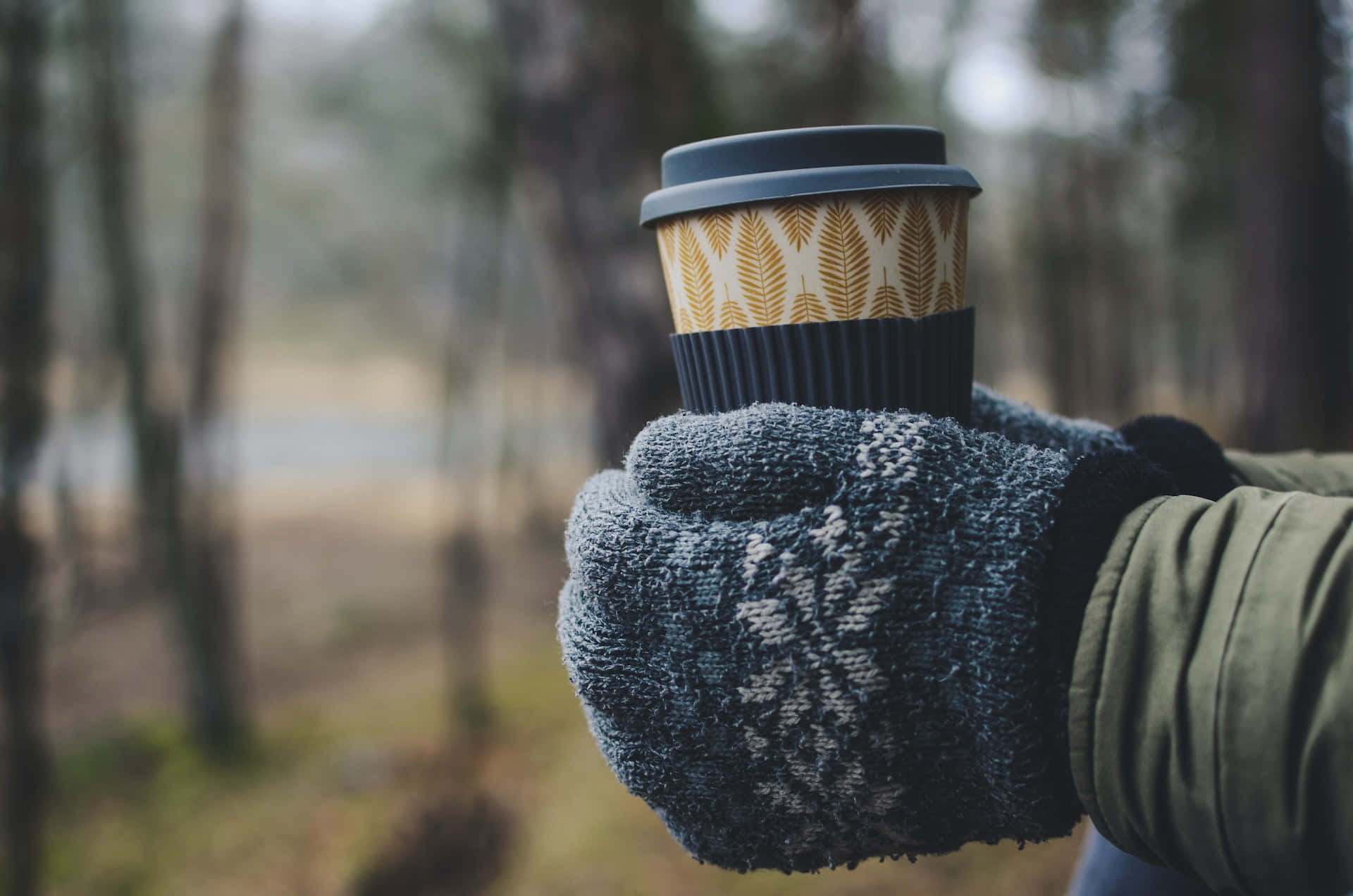 Mittens 桌布 壁紙 — 戴著手套的手在薄霧森林中拿著一個有圖案的咖啡杯，背景樹木模糊，呈現柔和焦點。