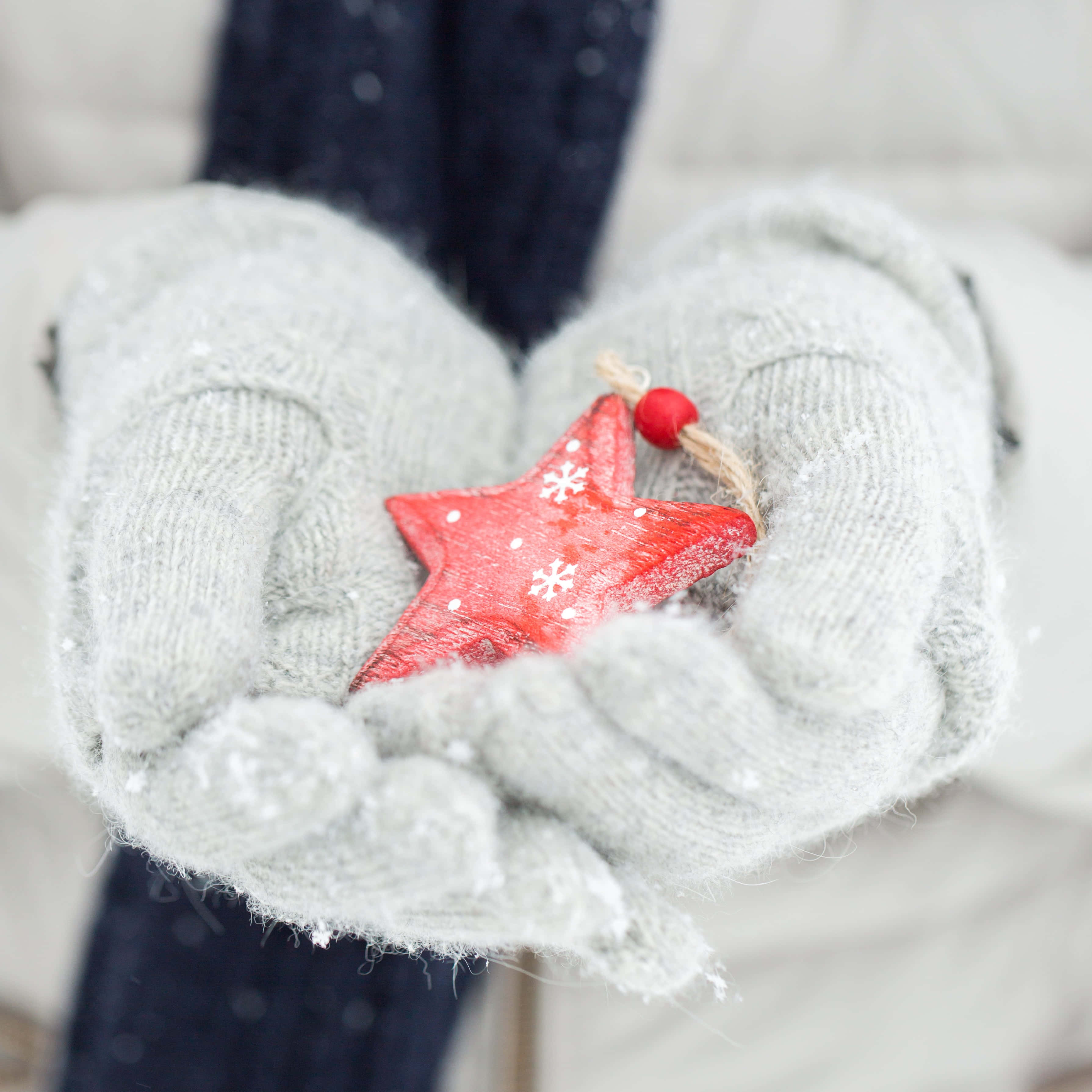 Mittens 桌布 壁紙 — 戴著手套的雙手捧著一個灑滿雪花的紅色星星裝飾，背景是柔和的冬日景色。