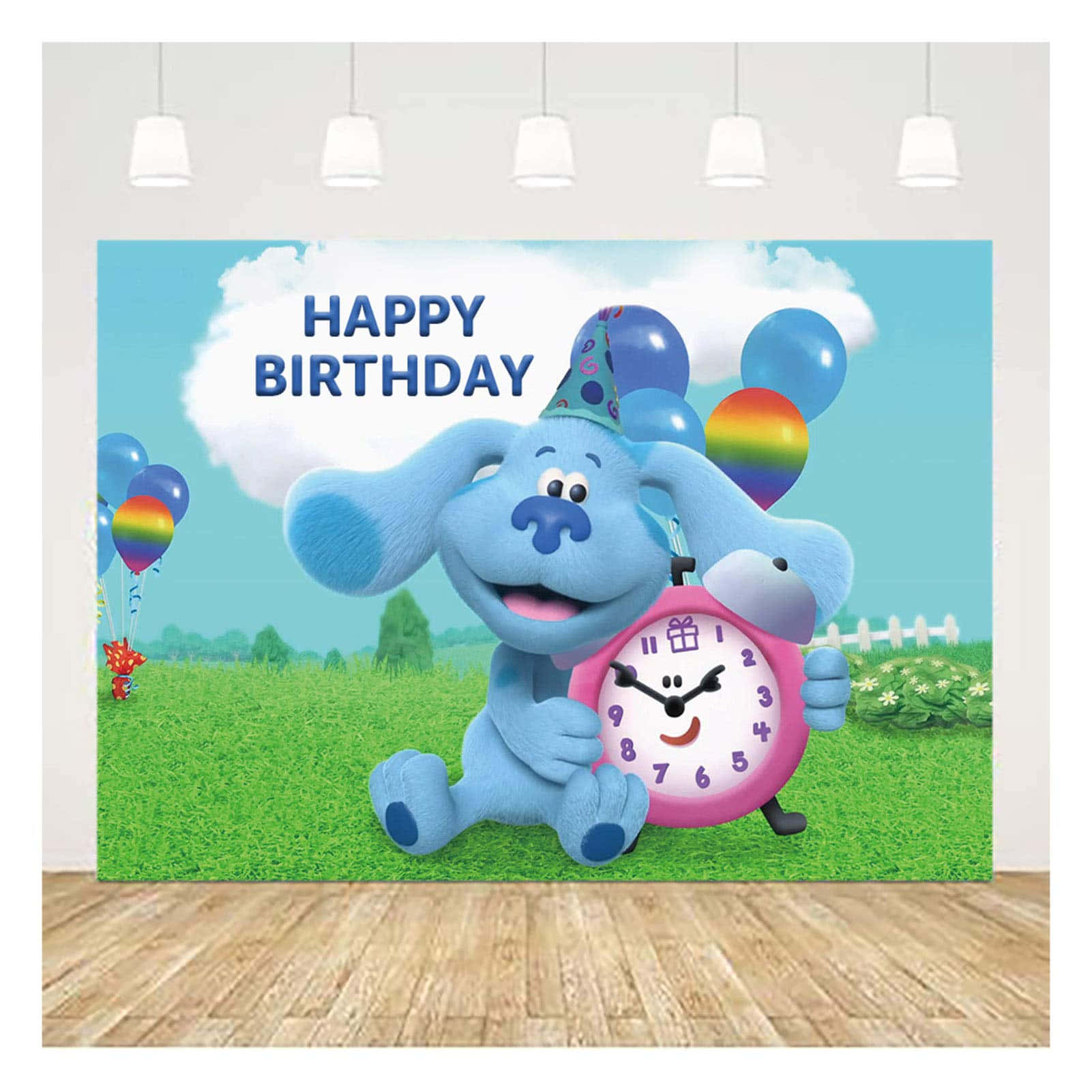 blue's clues 桌布 壁紙 — 戴著派對帽的藍色狗在明亮的天空下，被彩虹氣球圍繞，拿著一個微笑的時鐘。