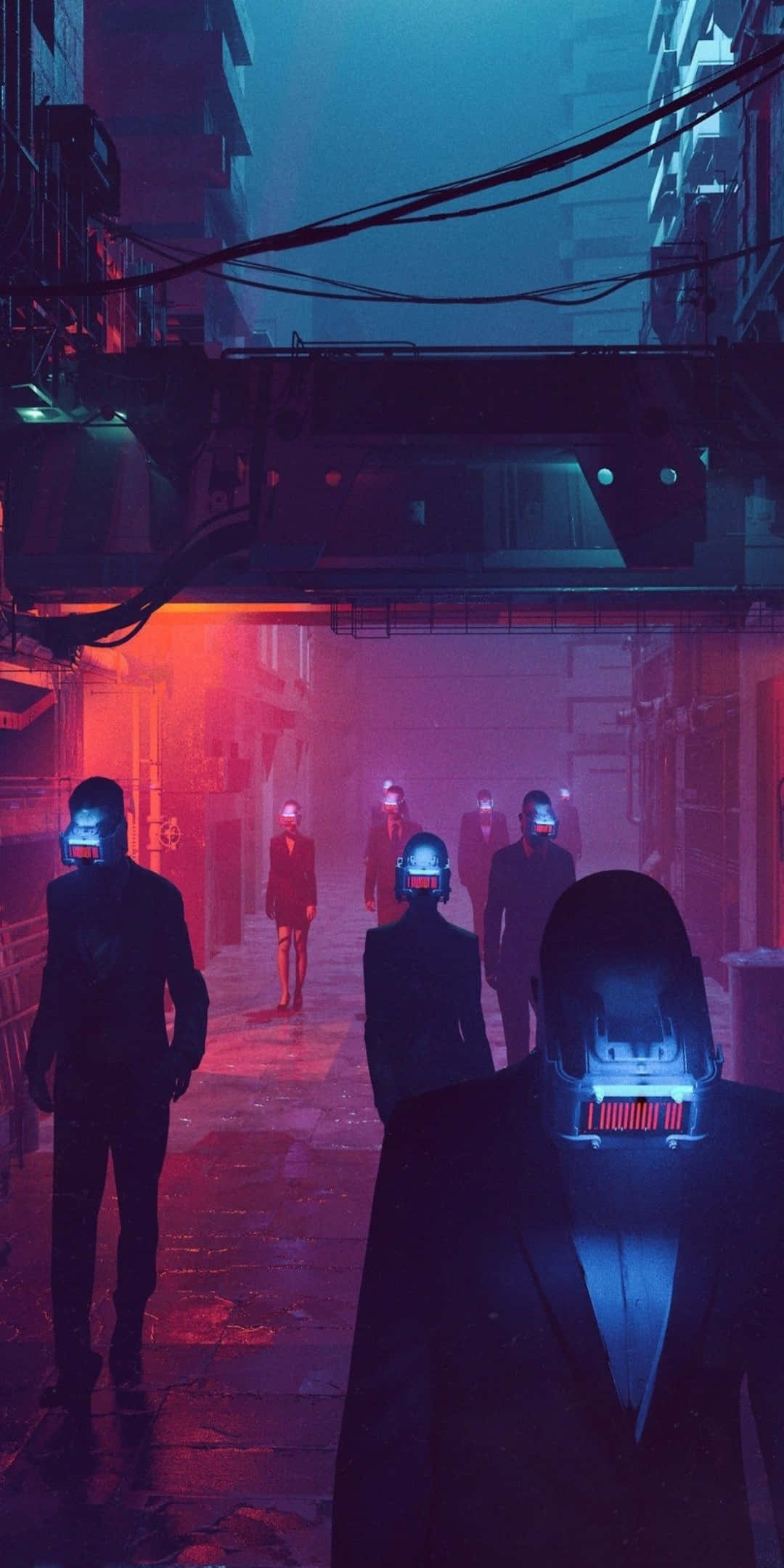 Pixel 3 Minimal 桌布 壁紙 — 戴著發光頭盔的剪影人物在纏繞的電線下走過充滿霓虹燈的賽博龐克小巷。
