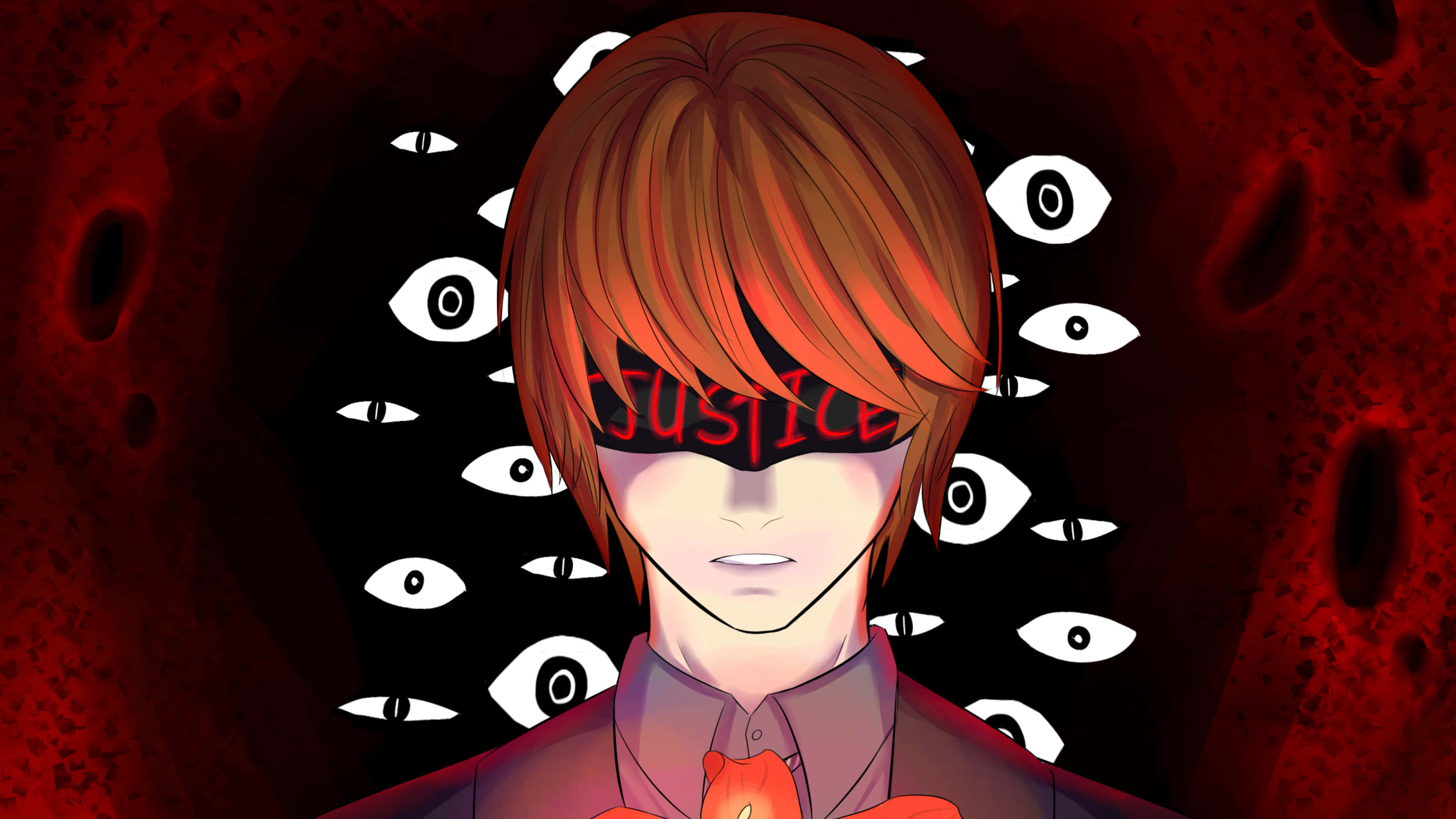 Light Yagami 桌布 壁紙 — 戴著眼罩的動漫角色，紅色發光的「JUSTICE」文字被漂浮的白色眼睛包圍，背景為深紅色紋理。