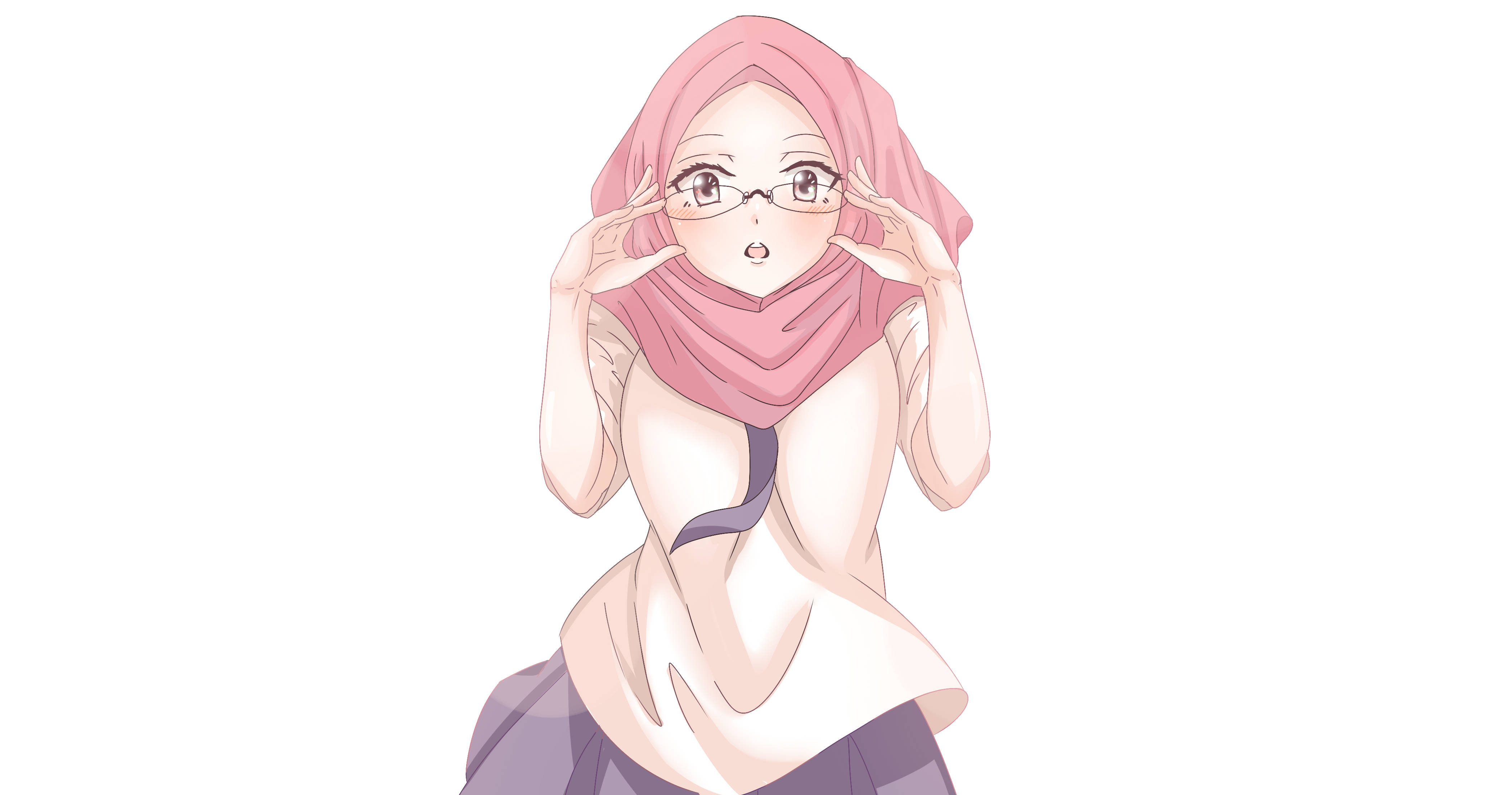 anime hijab 桌布 壁紙 — 戴著粉紅色頭巾和眼鏡的動漫女孩，在純白色背景前頑皮地調整眼鏡。
