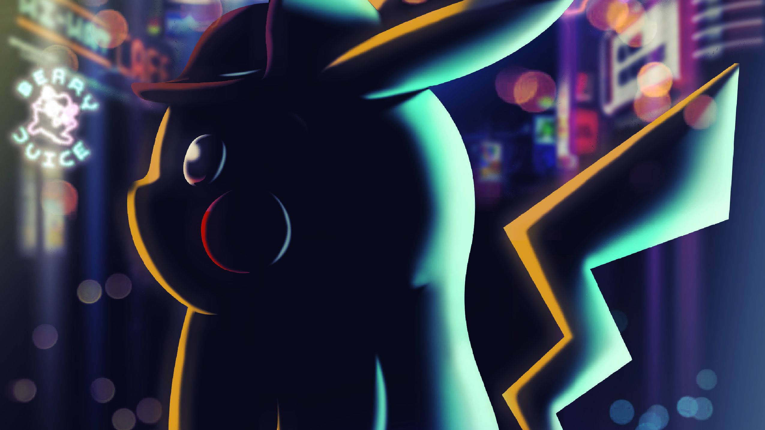 Detective Pikachu 桌布 壁紙 — 戴著紳士帽的風格化皮卡丘剪影，站在霓虹燈閃爍的城市景觀前，背景有發光的招牌和散景燈光。