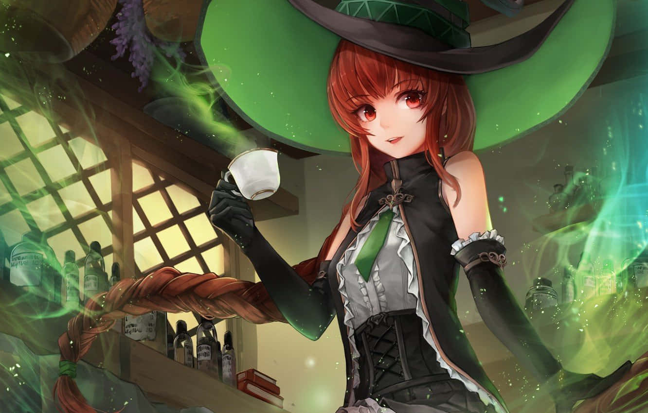 戴著綠色帽子和巫師帽的女孩 壁紙