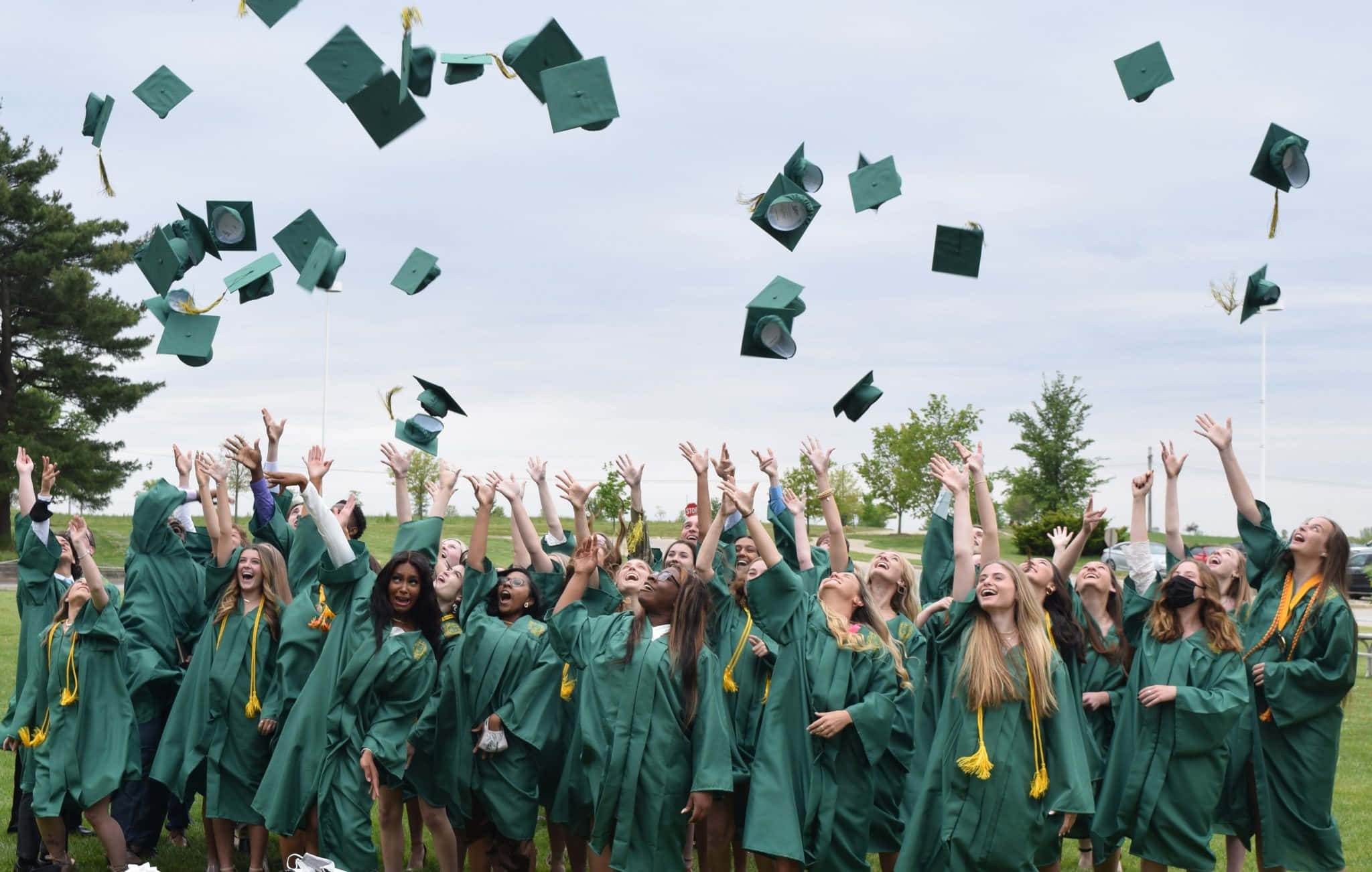 Graduation 桌布 壁紙 — 戴著綠色帽子和畢業袍的畢業生，在陰天下的草地上歡快地將帽子拋向空中。