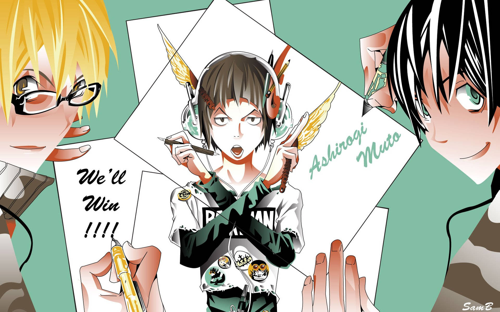 Bakuman 桌布 壁紙 — 戴著耳機和畫筆的動漫角色在青綠色背景上重疊的紙張上愉快地創作藝術。