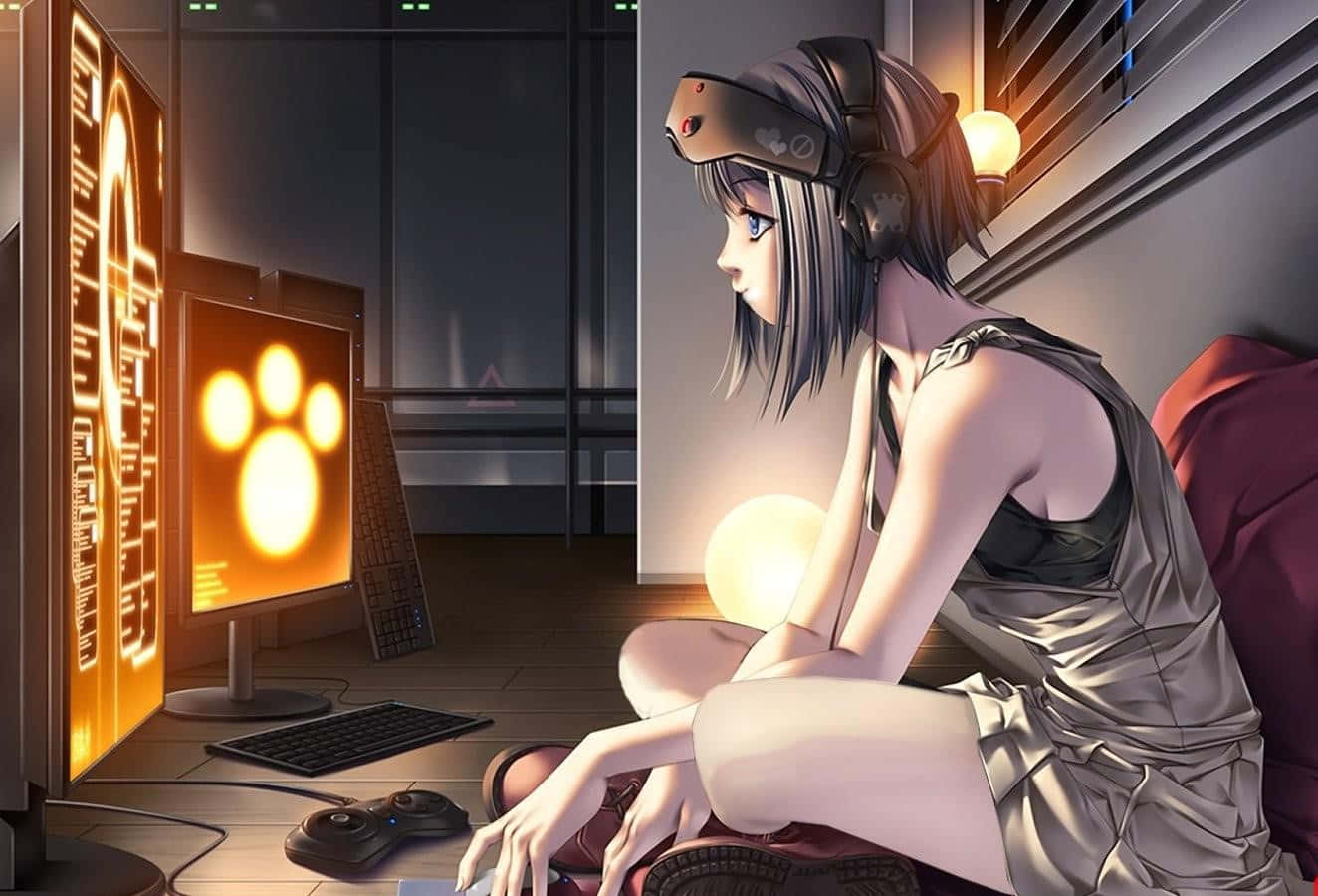 character design 桌布 壁紙 — 戴著耳機的動漫女孩盤腿坐在沙發上，在溫暖的環境燈光下激烈地玩遊戲。