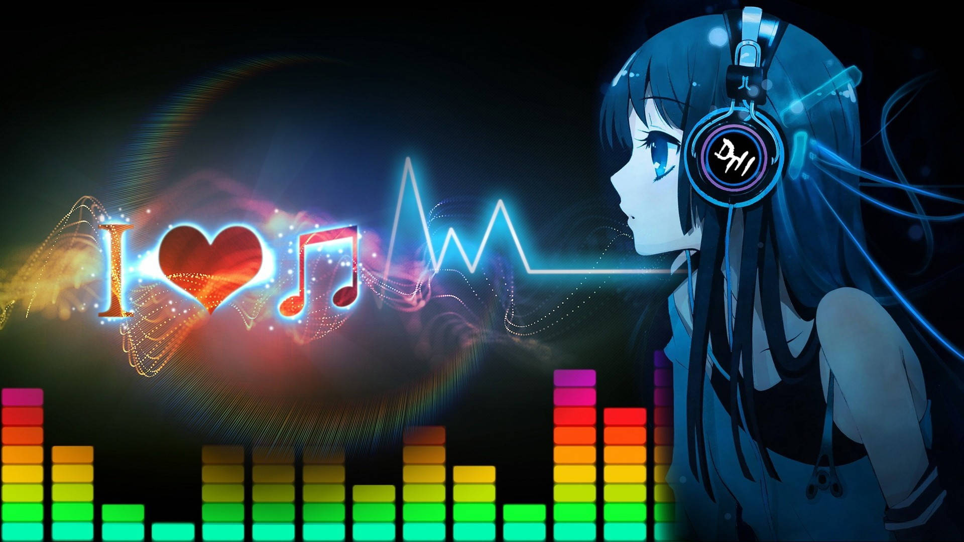 音樂 桌布 壁紙 — 戴著耳機的動漫女孩聽音樂，發光均衡器條和愛心音符在深色背景上以鮮豔色彩跳動。