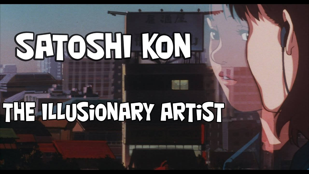 satoshi kon 桌布 壁紙 — 戴著耳機的女孩動畫肖像疊加在城市景觀上，並有粗體文字向今敏致敬。