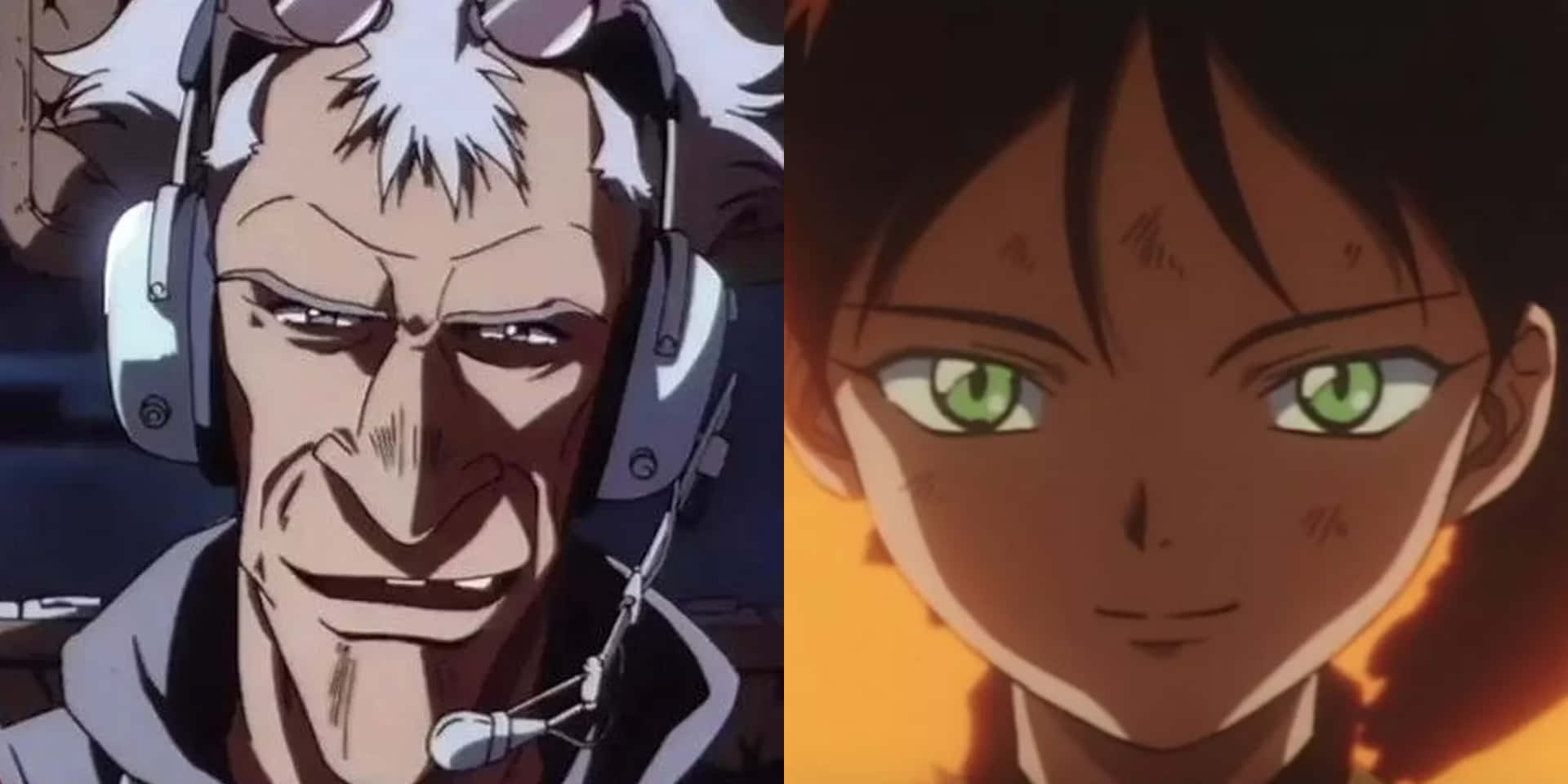 Cowboy Bebop Wen 桌布 壁紙 — 戴著耳機的灰白頭髮男人和一個有發光綠色眼睛的女孩的分割畫面動畫肖像。