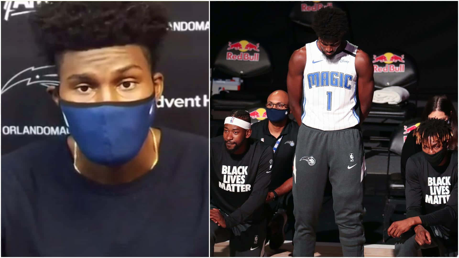 Stand 桌布 壁紙 — 戴著藍色口罩的籃球運動員表情嚴肅，而穿著「Black Lives Matter」T恤的隊友則莊嚴地坐在長凳上。