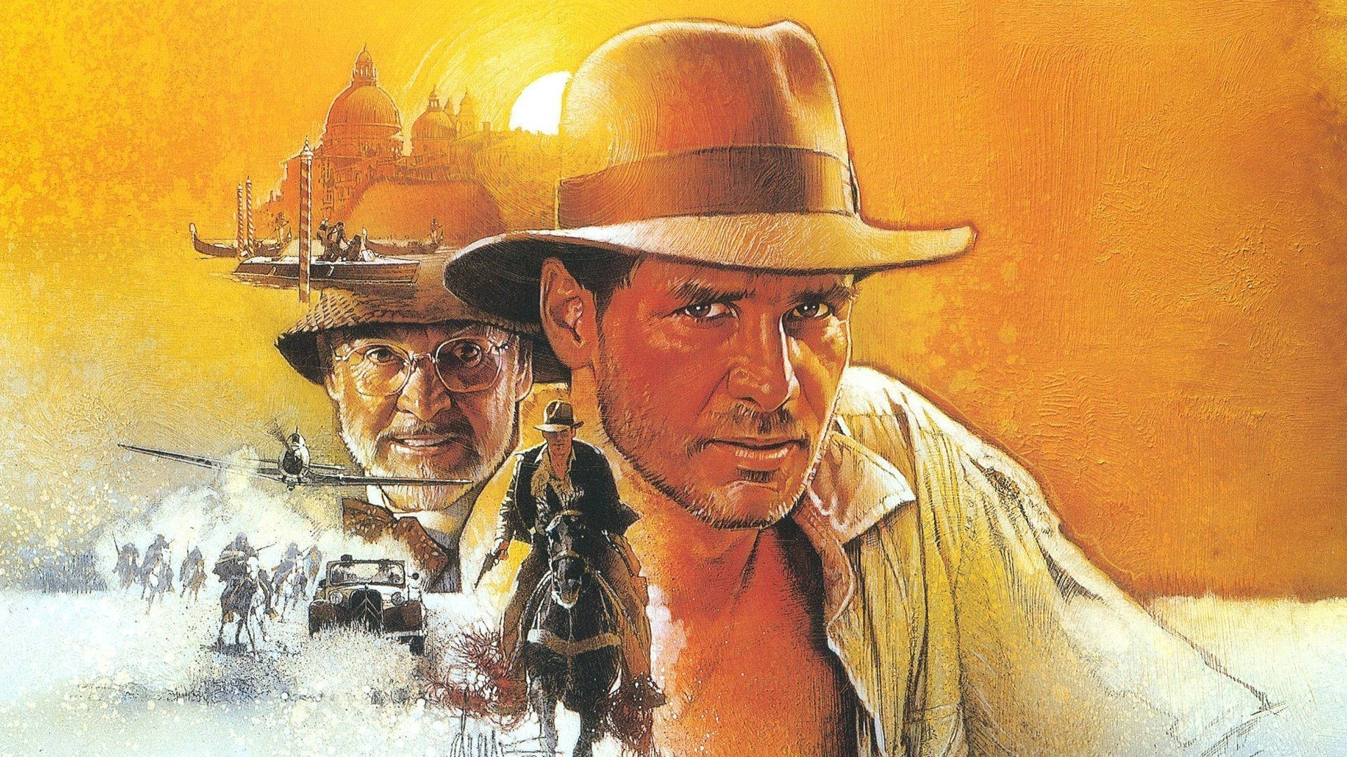 Indiana Jones 桌布 壁紙 — 戴著費多拉帽的印第安納瓊斯直視前方，身後在金色夕陽映襯下展開動作場景的蒙太奇。