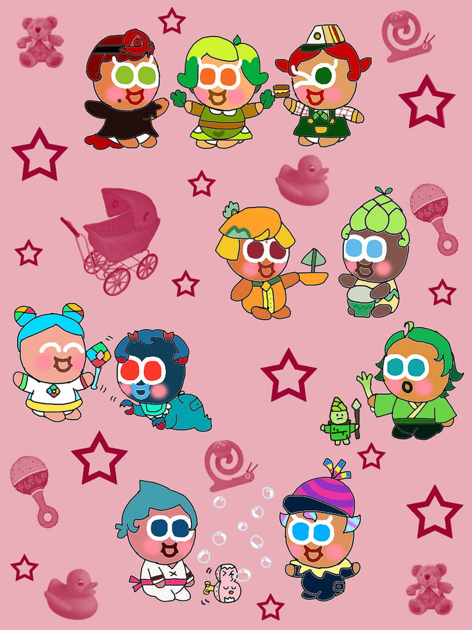 Cookie Run 桌布 壁紙 — 戴著超大眼鏡和俏皮配件的Q版卡通角色在粉紅色星星和橡膠鴨之間漂浮在粉彩粉紅色背景上。