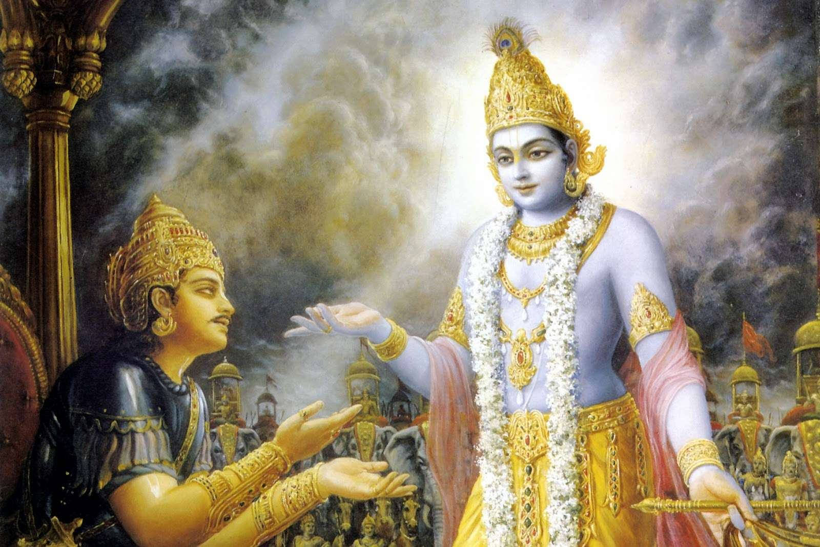 Krishna Arjun 桌布 壁紙 — 戴著金色皇冠、藍色皮膚的神聖人物，在風暴雲和宮殿背景下祝福跪著的皇室人物。