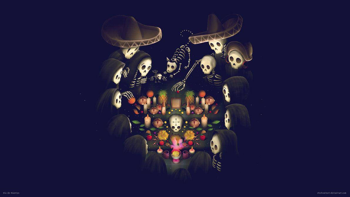 Dia De Los Muertos 桌布 壁紙 — 戴著闊邊帽的骷髏人物聚集在一個燭光祭壇周圍，祭壇上裝飾著鮮花和祭品，背景是漆黑的夜空。