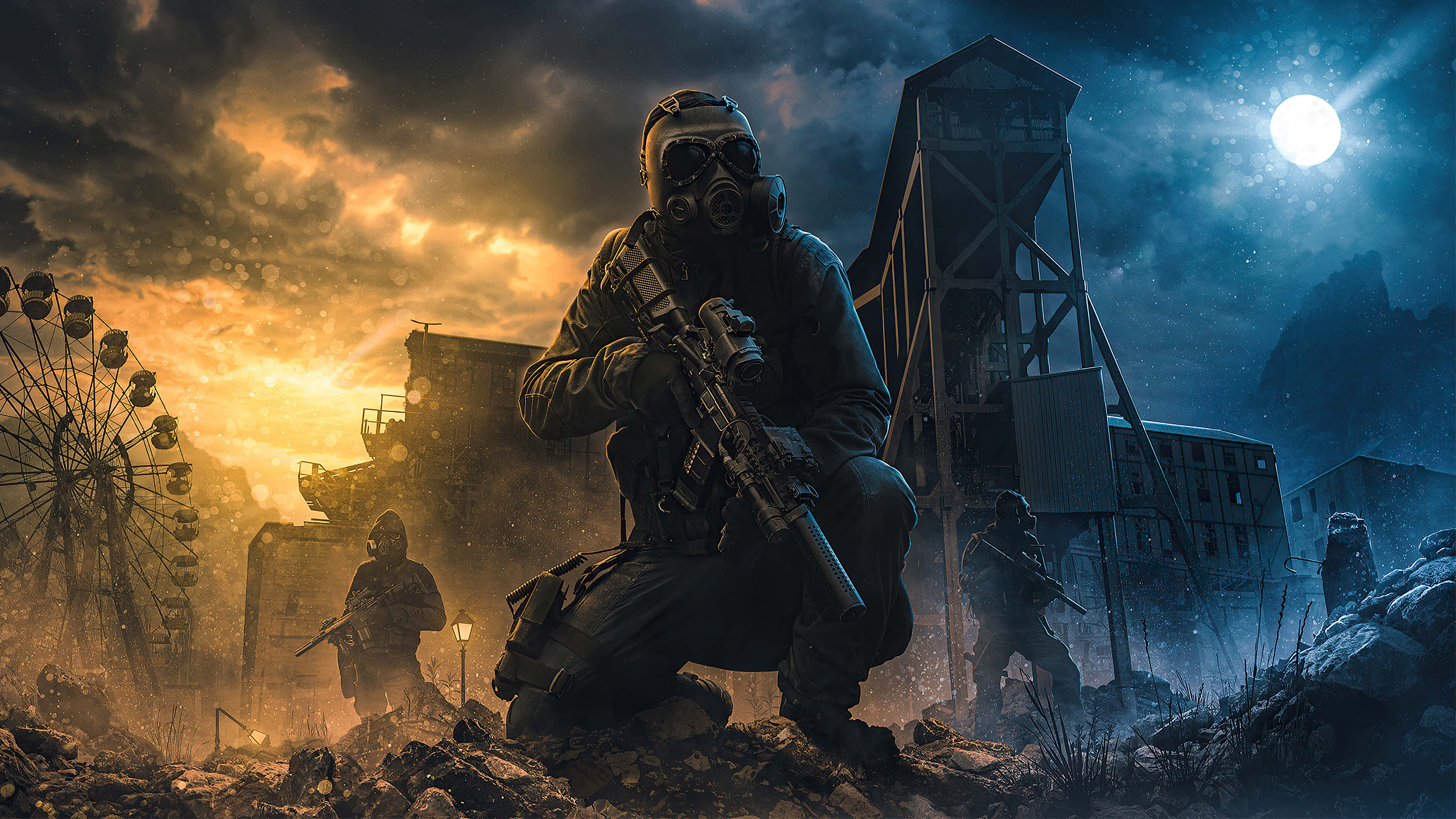 soldier 桌布 壁紙 — 戴著防毒面具的士兵在戲劇性的日落和滿月下穿過廢棄的遊樂園。