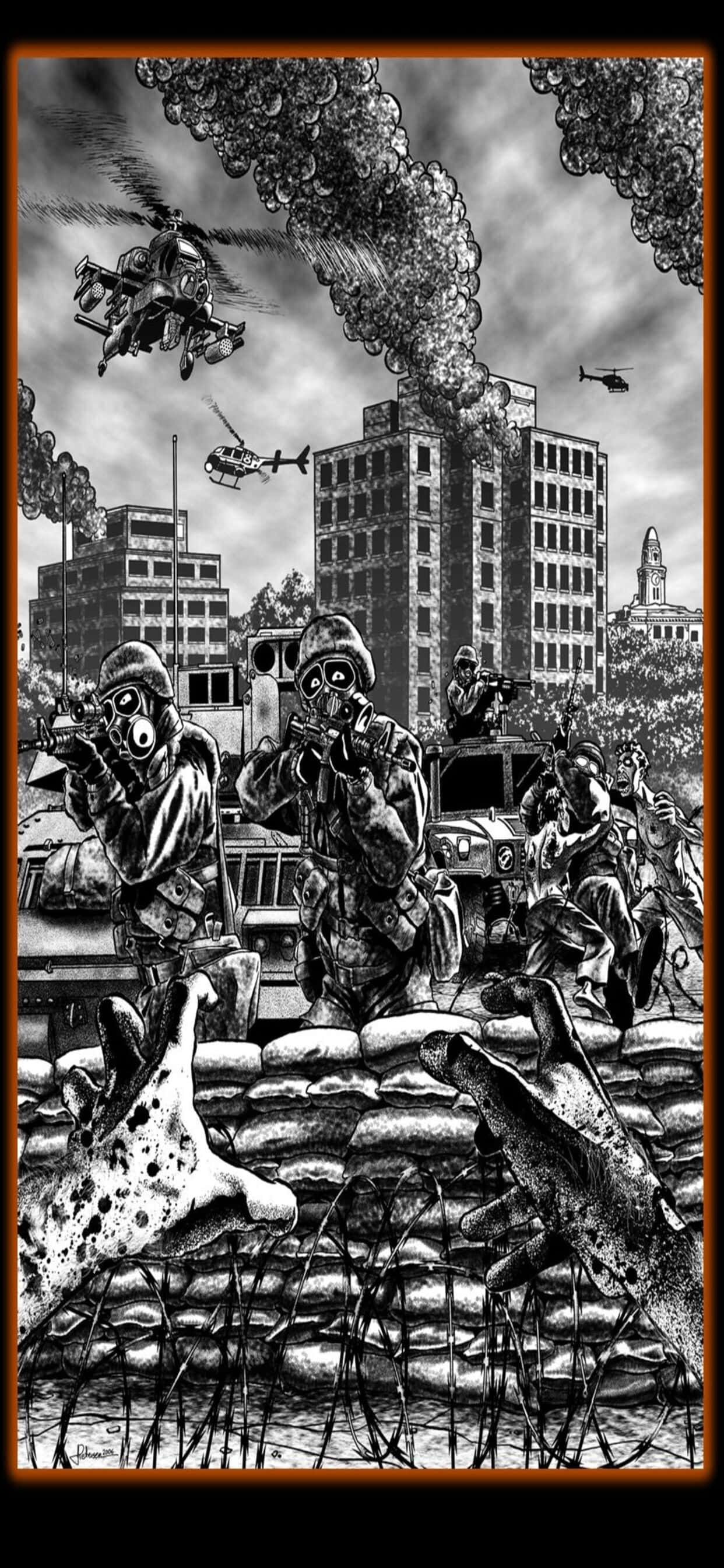 Drawing 桌布 壁紙 — 戴著防毒面具的士兵在煙霧和瓦礫中前進，直升機在頭頂飛過，穿越戰火摧殘的城市景觀。