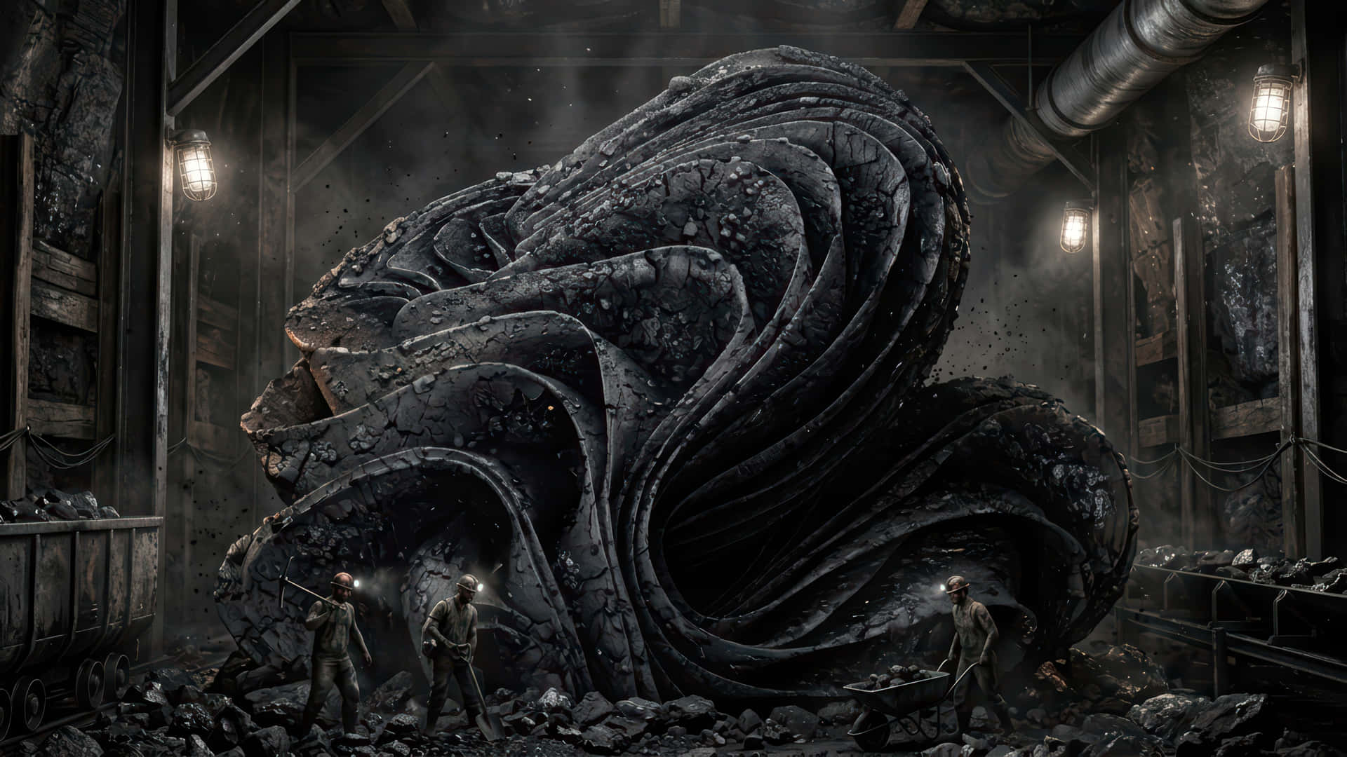 Coal Bloom on the mine modded wallpaper for desktop Enhancement 壁紙 — 戴著頭燈的礦工在昏暗的工業礦井中面對一條盤繞著的巨大黑色石蛇。